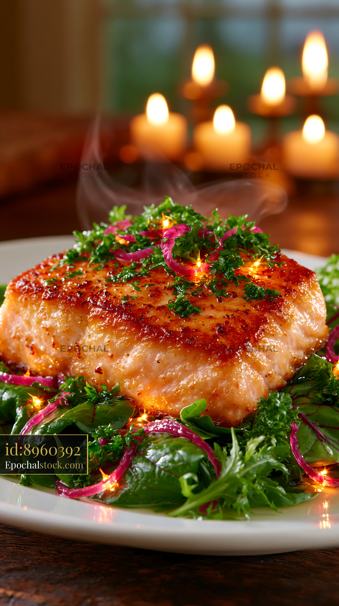 Watermarked full-resolution preview of Grilled salmon served on a bed of fresh greens with herbs