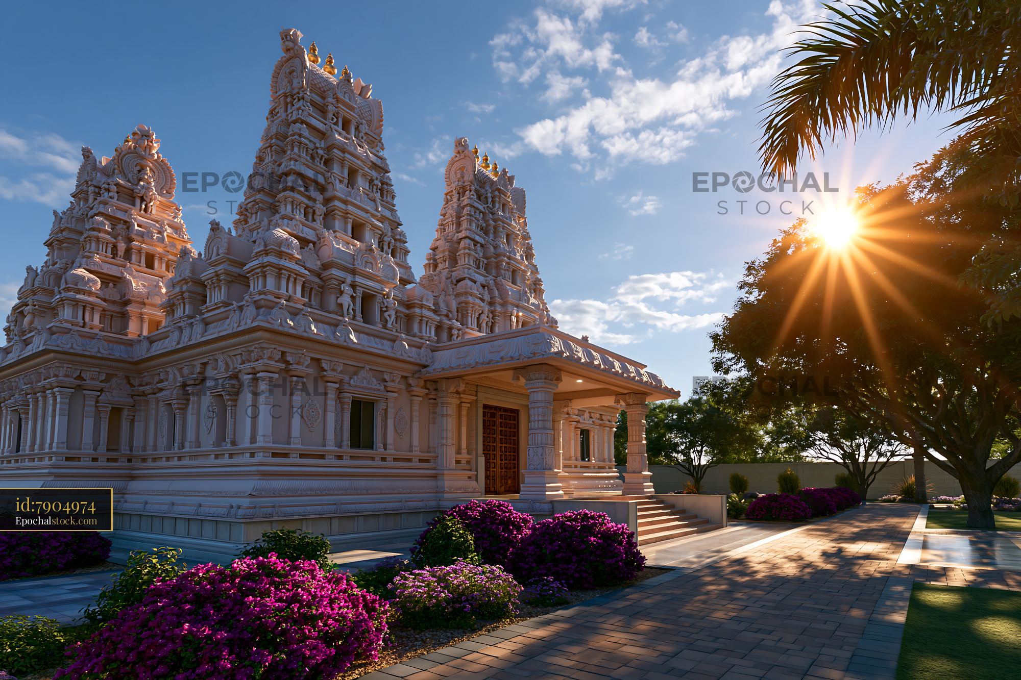 Watermarked full-resolution preview of Sunlight shining on temple with detailed architecture and flowers