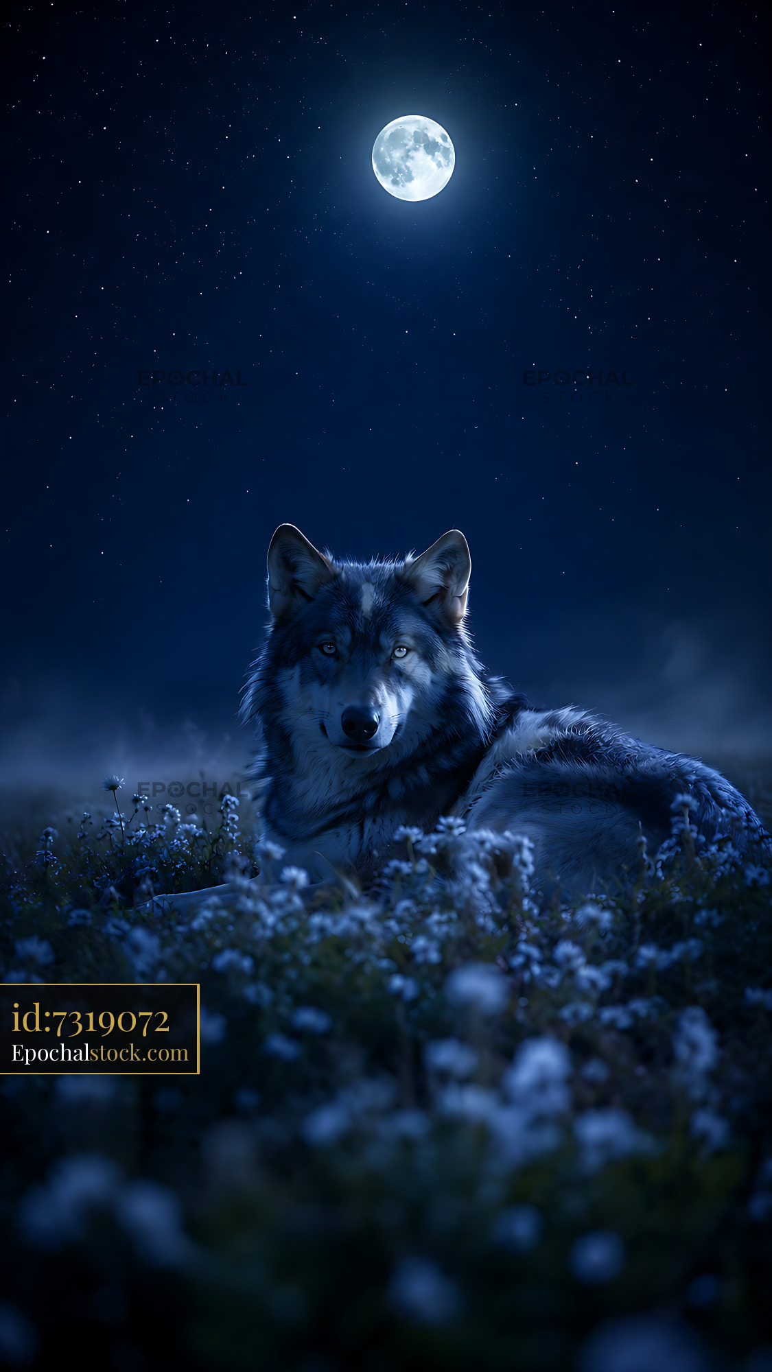 Watermarked full-resolution preview of Wolf resting in a field under a full moon
