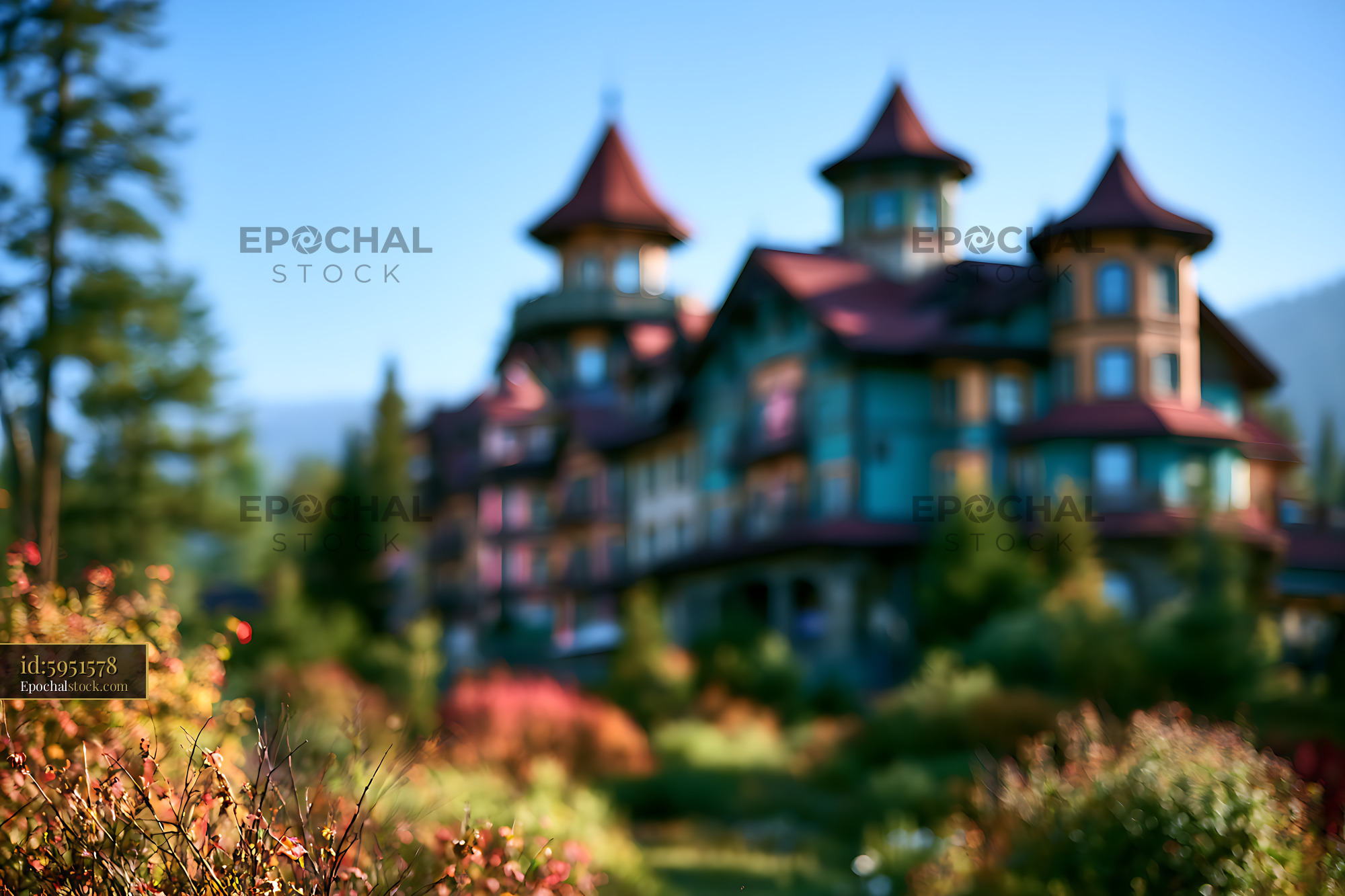 Watermarked full-resolution preview of Dreamy blurred house with turrets and garden