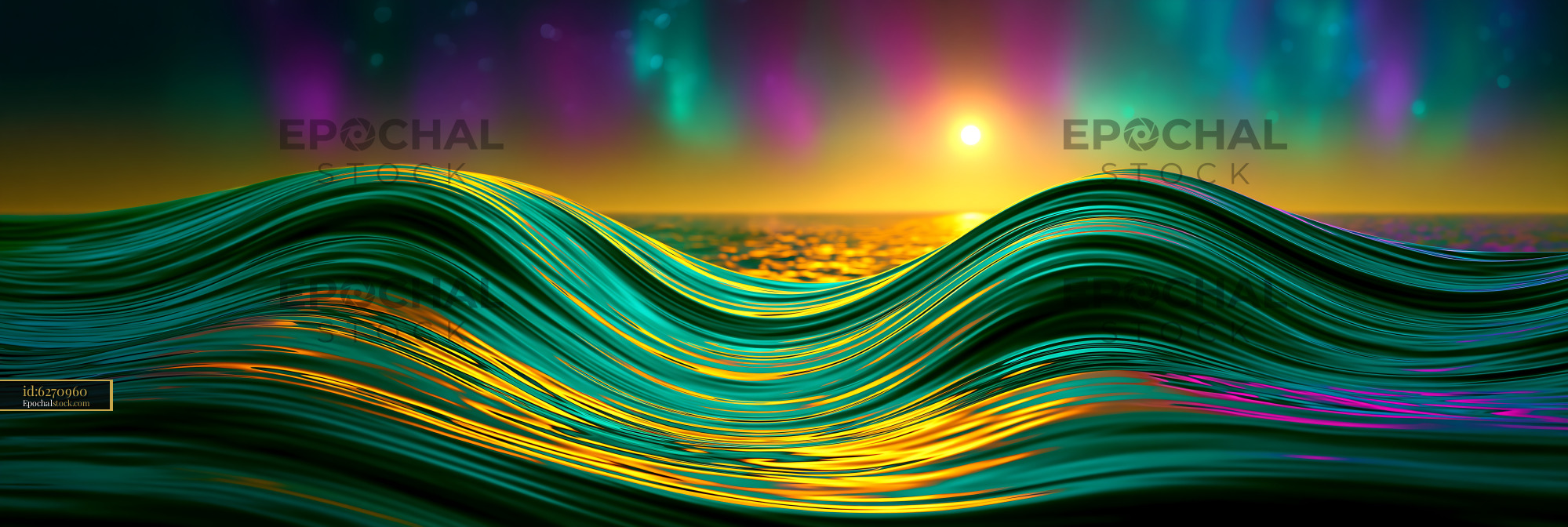 Watermarked full-resolution preview of Colorful waves under the sunset and aurora in the ocean