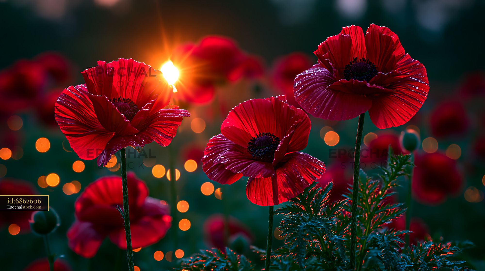 Watermarked full-resolution preview of Vibrant red poppies in a field at sunset with warm light