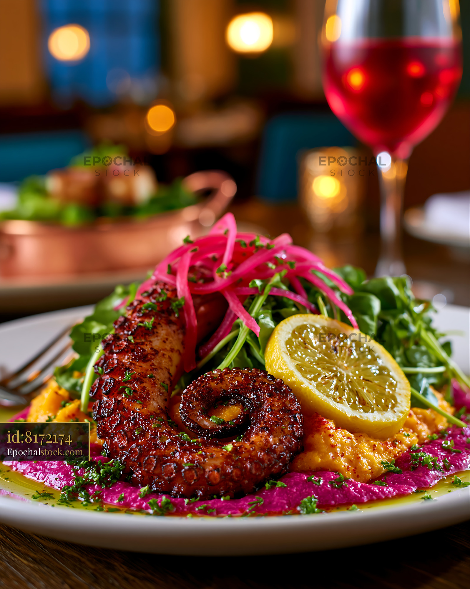 Watermarked full-resolution preview of Grilled octopus served with vibrant sides and fresh greens