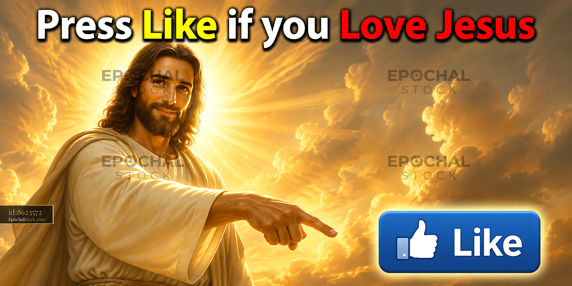 Watermarked full-resolution preview of Jesus gesture with light in background and social media button