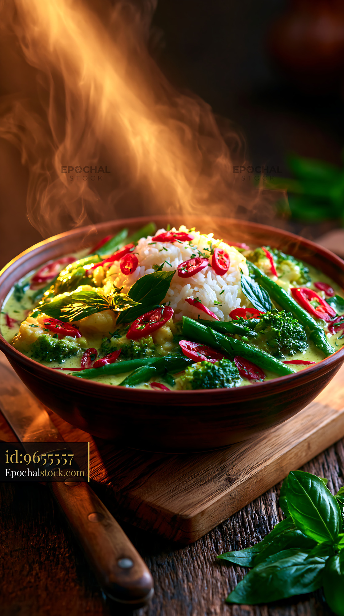 Watermarked full-resolution preview of Steaming bowl of vegetables and rice on a wooden table