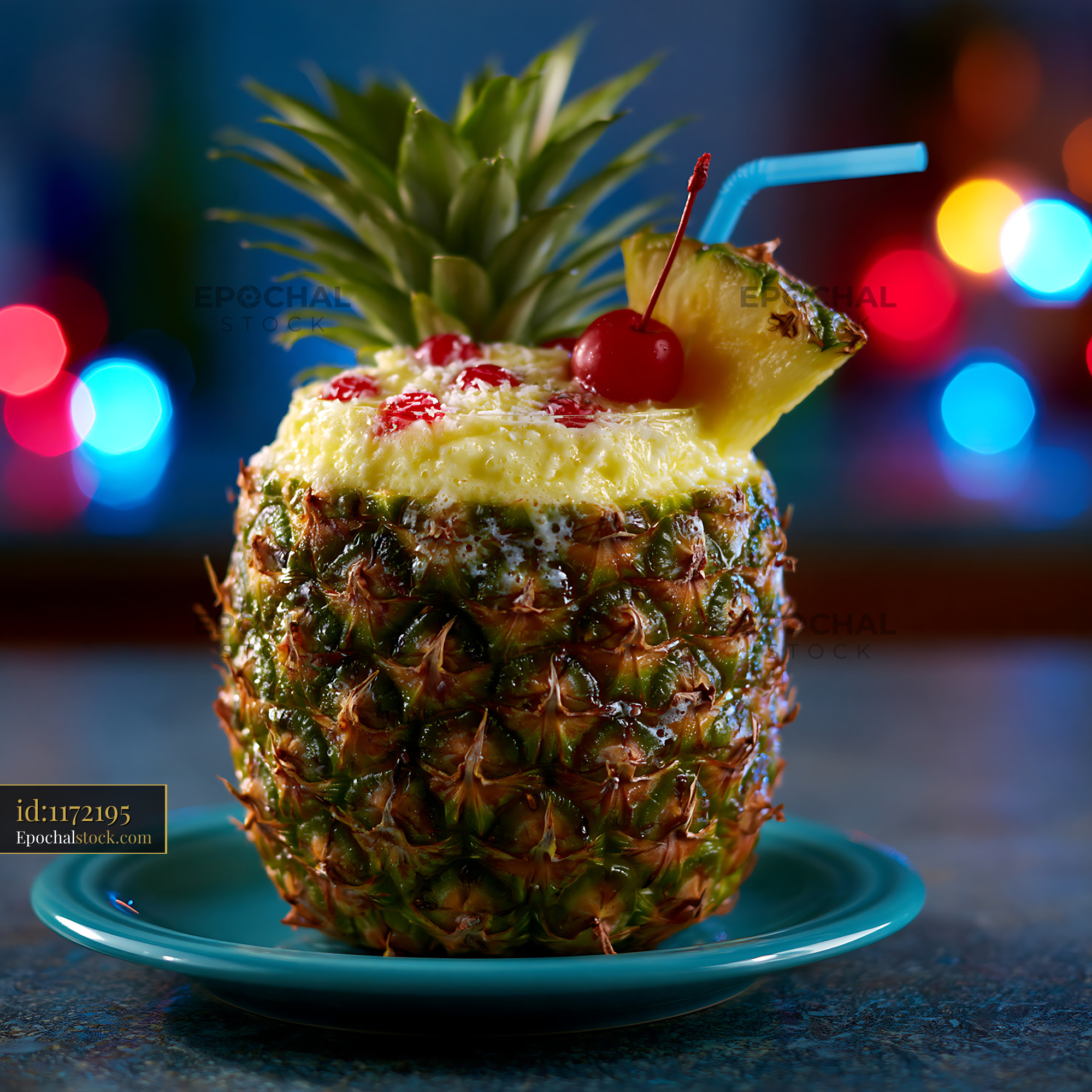 Watermarked full-resolution preview of Pineapple drink with cherry and blue straw on a blue plate