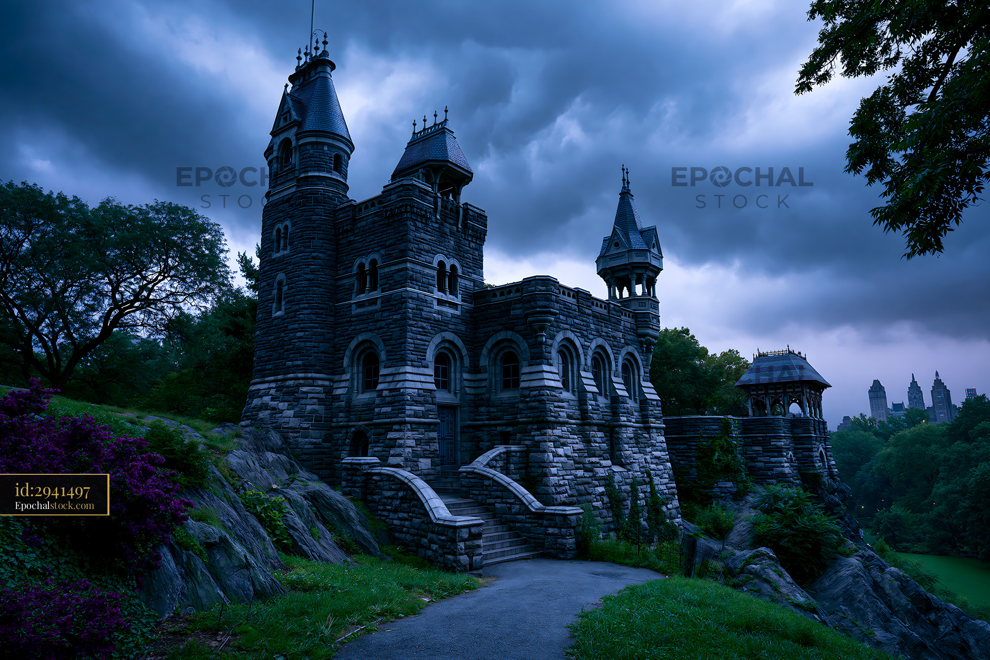Watermarked full-resolution preview of Castle structure under dark clouds in a park setting