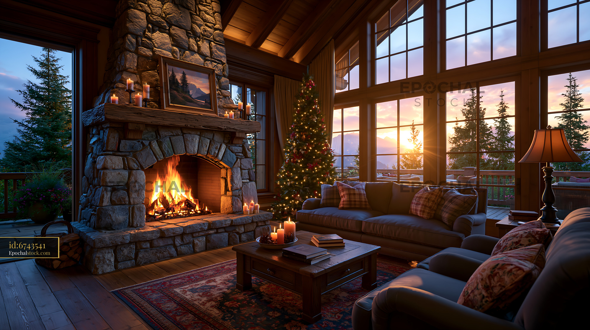 Watermarked full-resolution preview of Cozy living room with fireplace and Christmas tree at sunset