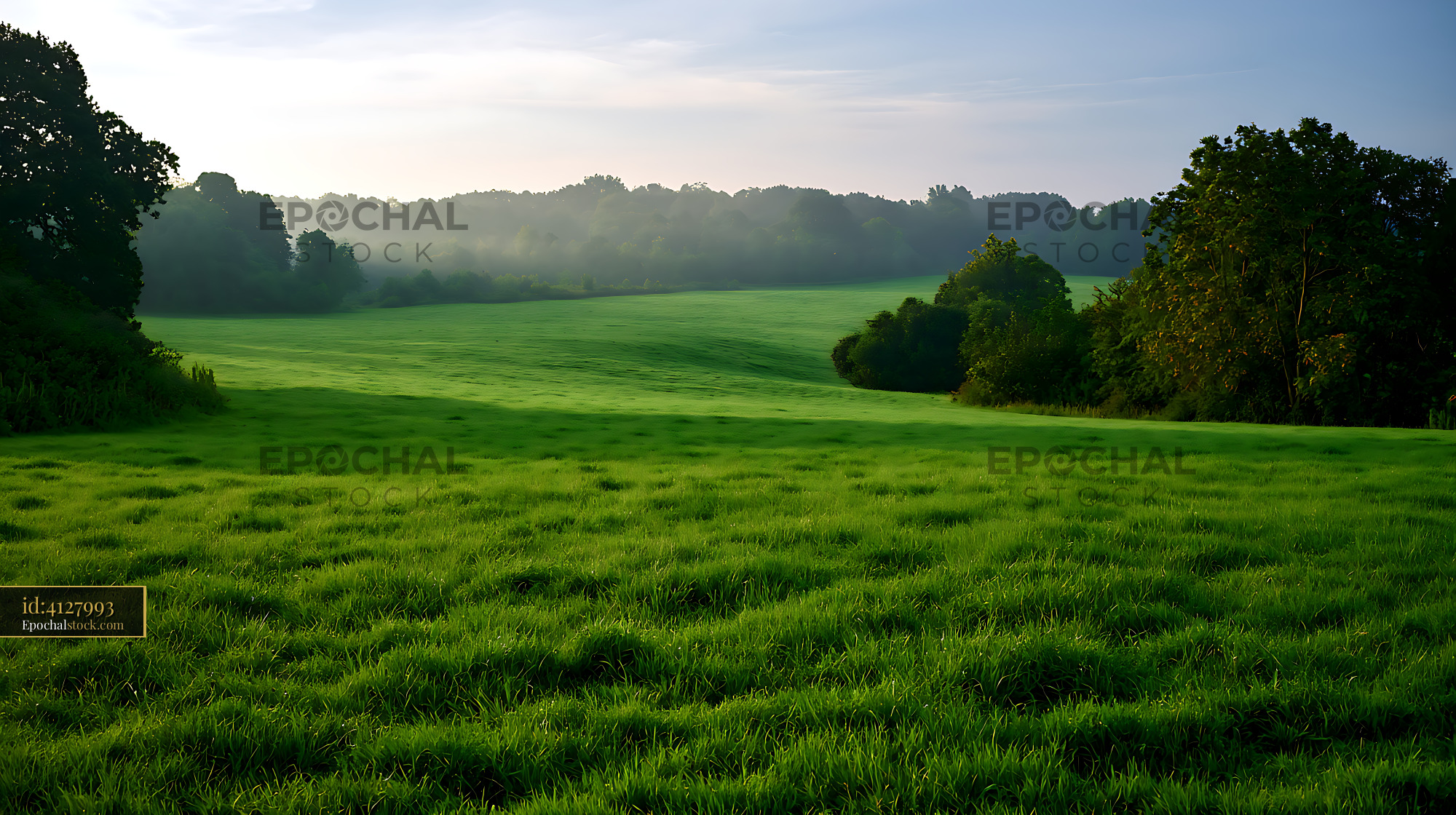 Watermarked full-resolution preview of Misty green meadow and woodland in morning light
