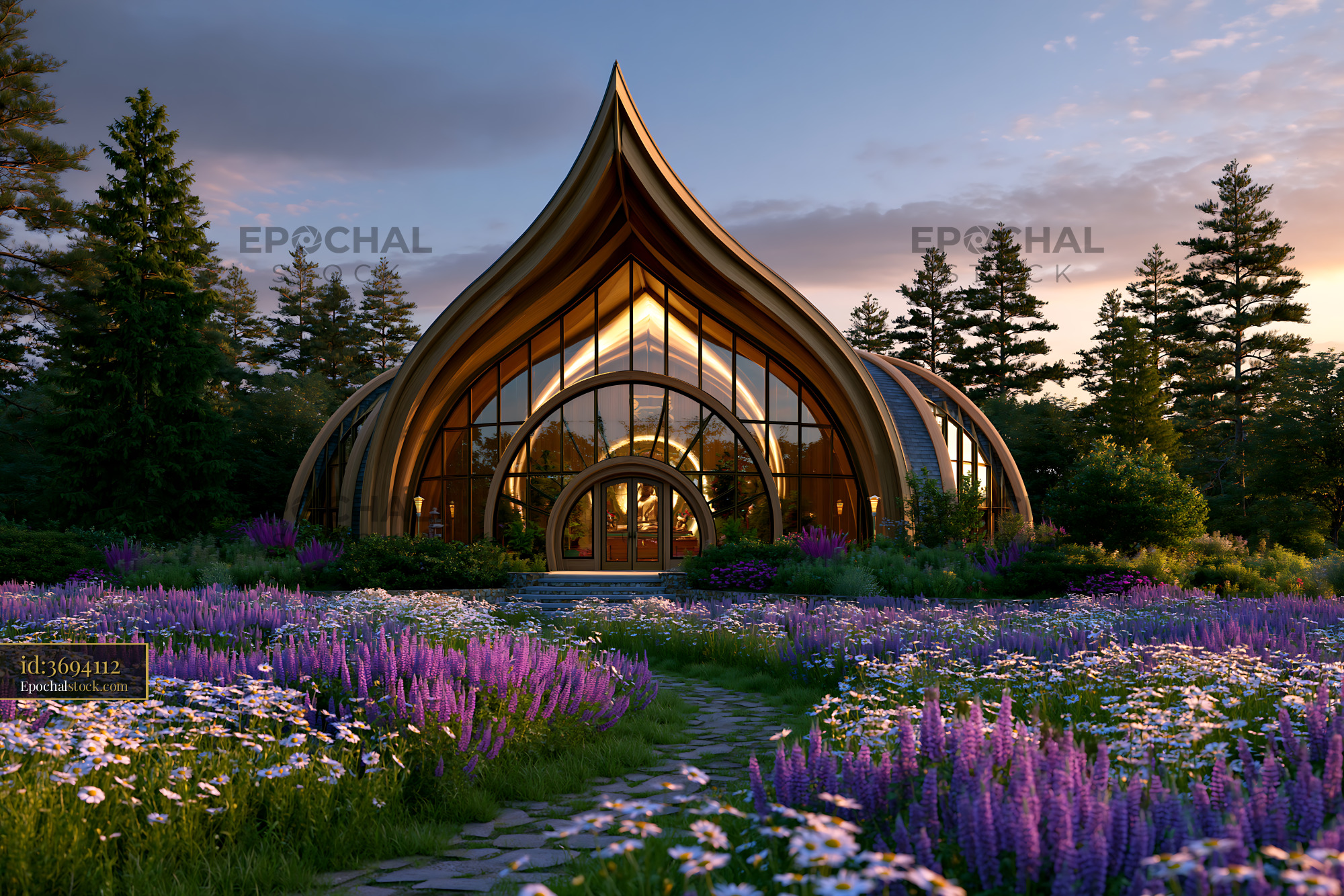 Watermarked full-resolution preview of Unique building surrounded by flowers in a forest setting
