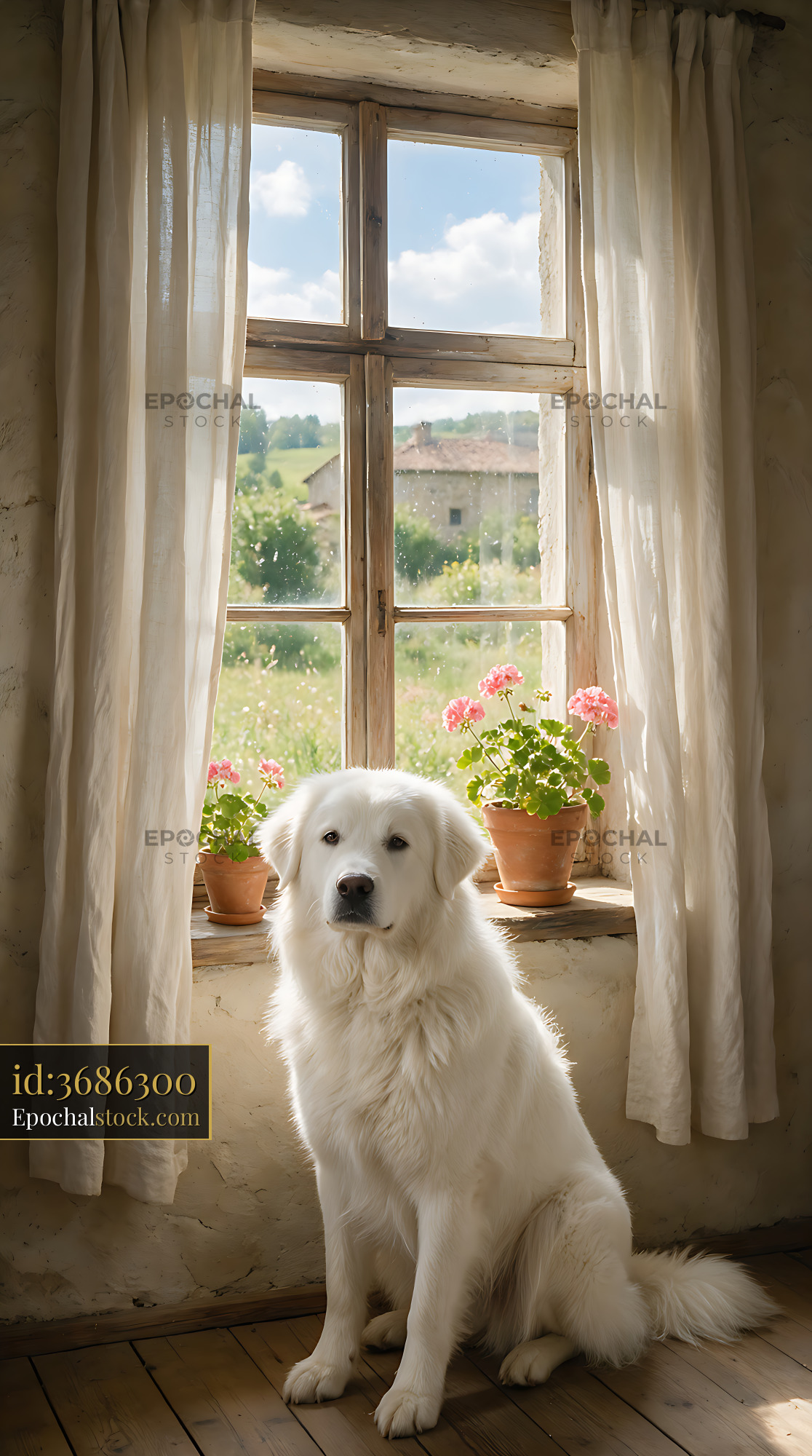 Watermarked full-resolution preview of Fluffy white dog sitting in a rustic window setting