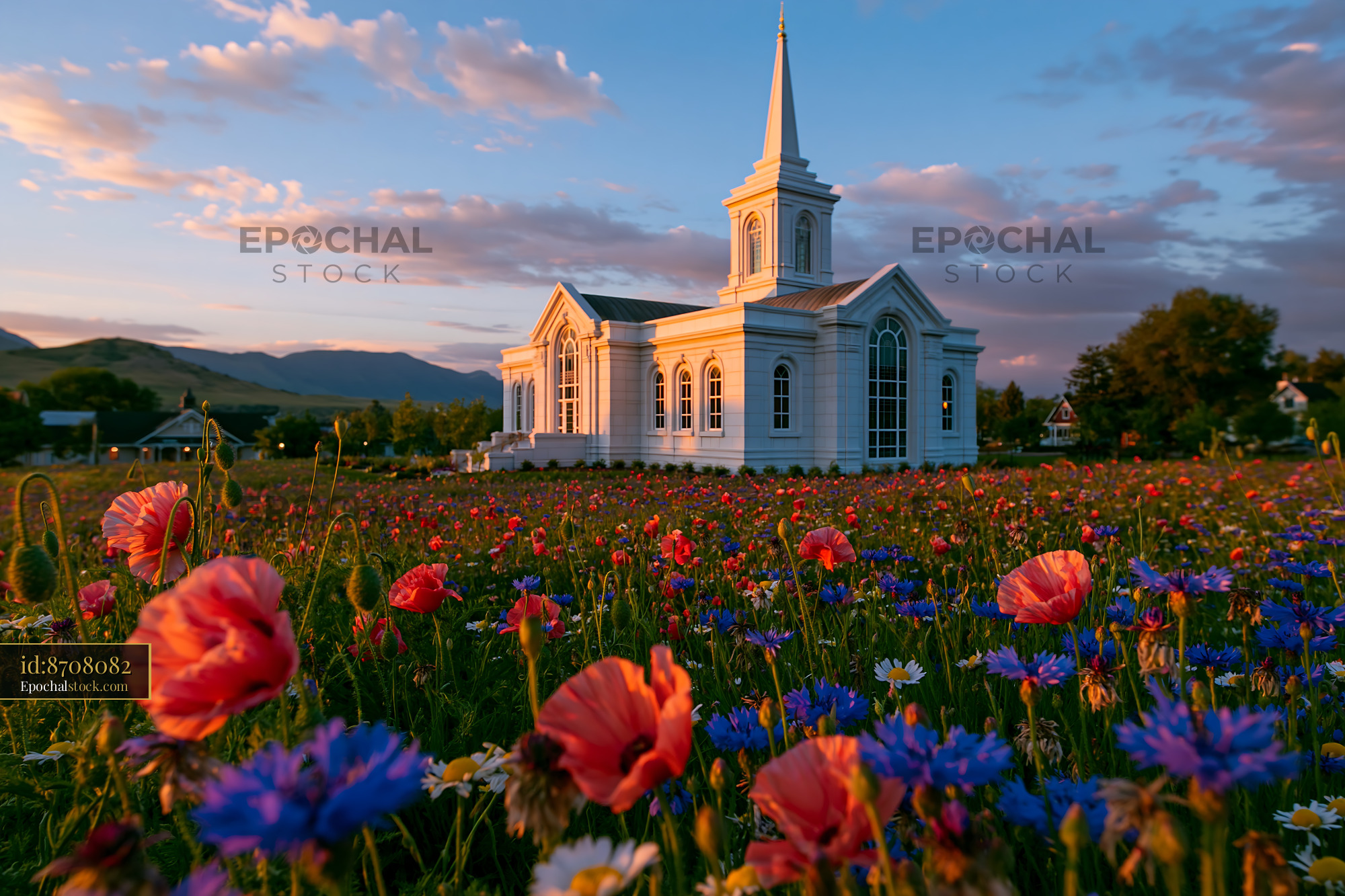 Watermarked full-resolution preview of Church surrounded by colorful wildflowers during sunset