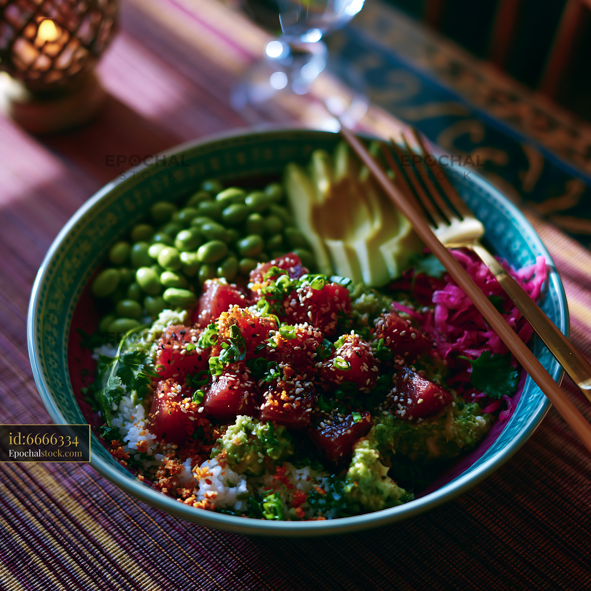 Watermarked full-resolution preview of Fresh poke bowl with seasonal vegetables and rice