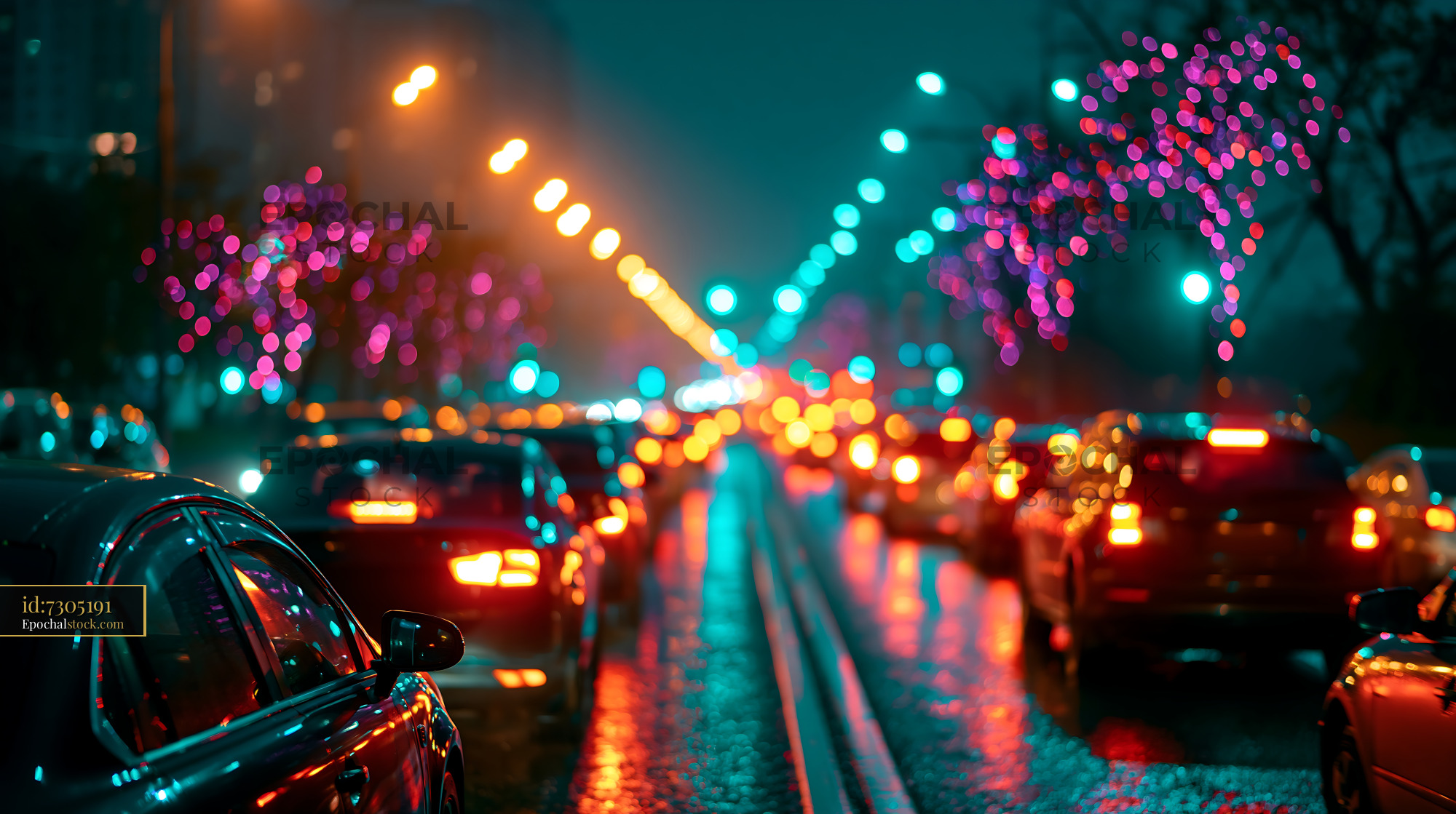 Watermarked full-resolution preview of City street filled with cars and colorful lights at night