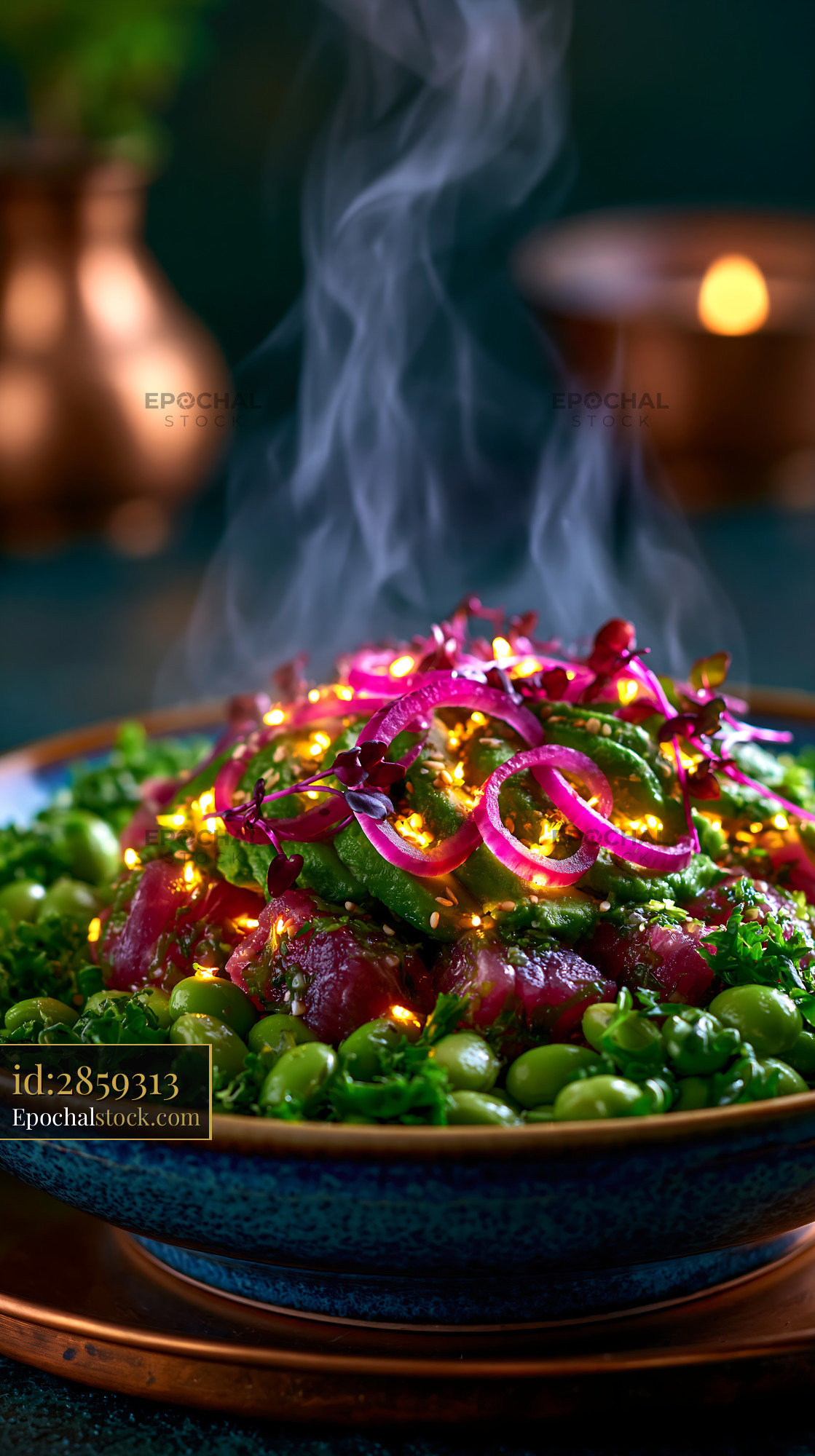 Watermarked full-resolution preview of Steaming colorful vegetable salad with glowing decorative lights