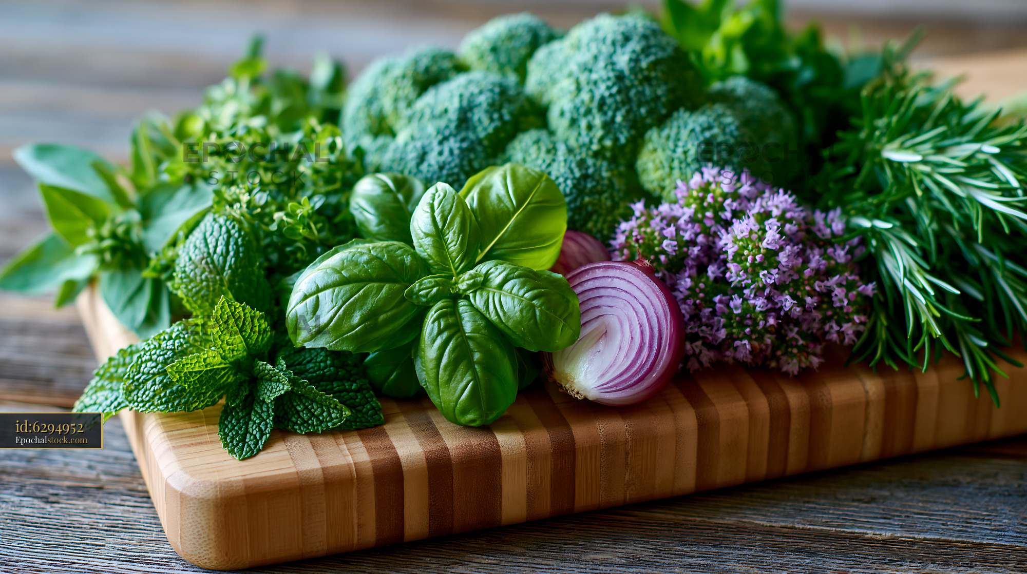 Watermarked full-resolution preview of Variety of fresh herbs and vegetables on a wooden cutting board