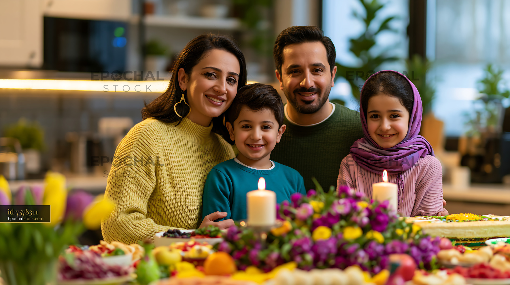 Watermarked full-resolution preview of Family gathering with food and flowers during celebration