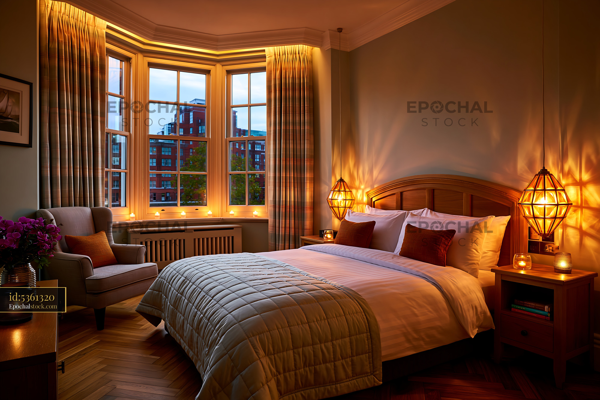Watermarked full-resolution preview of Modern bedroom with warm lighting and large windows at dusk