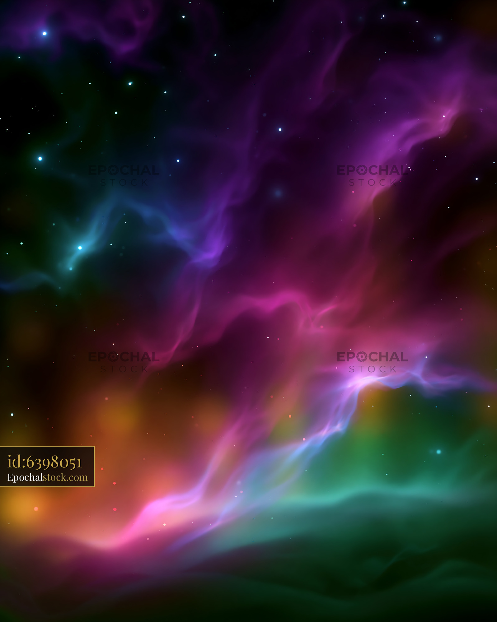 Watermarked full-resolution preview of Vibrant colors swirl in a cosmic scene of clouds and stars
