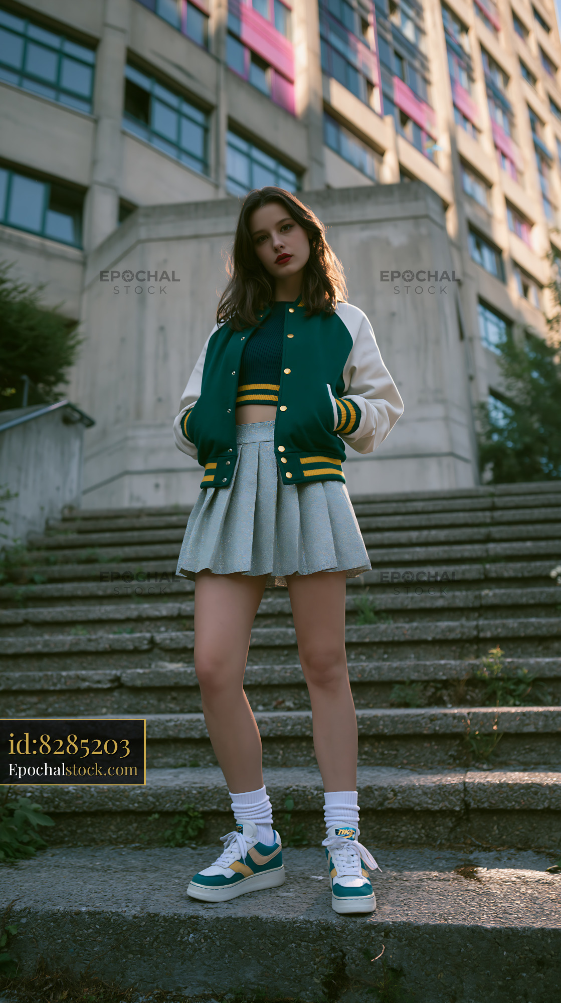 Watermarked full-resolution preview of Young woman in a varsity jacket standing on outdoor steps