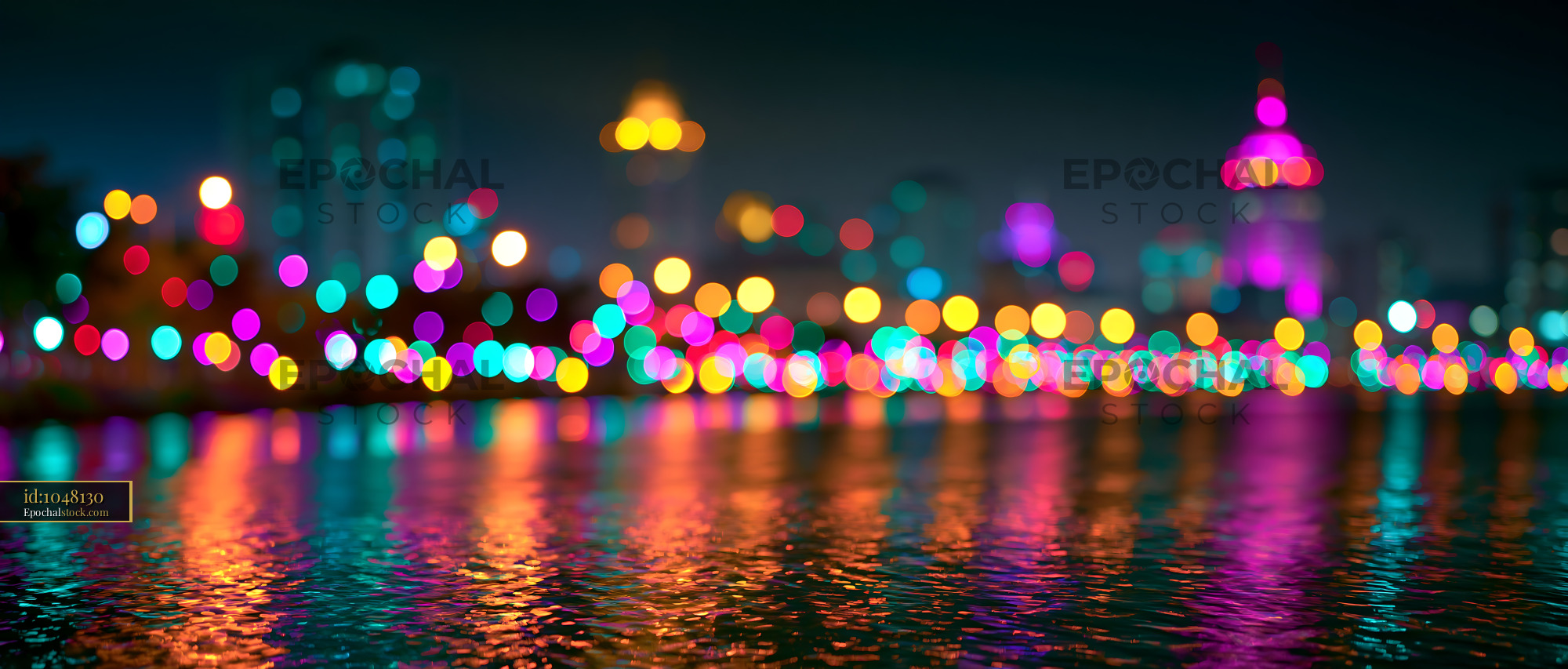 Watermarked full-resolution preview of City skyline with lights reflected on water at night