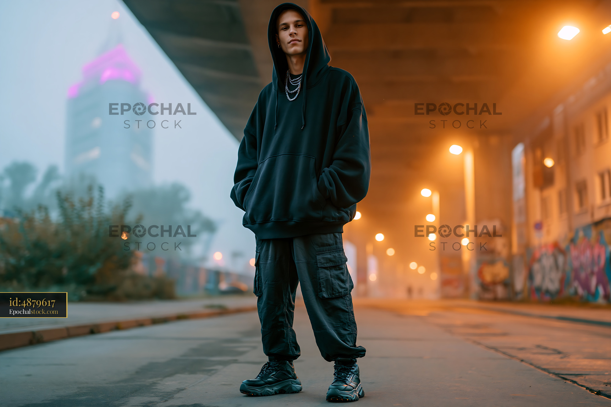 Confident Young Man Wearing Oversized Hoodie in Urban Setting - stock photo