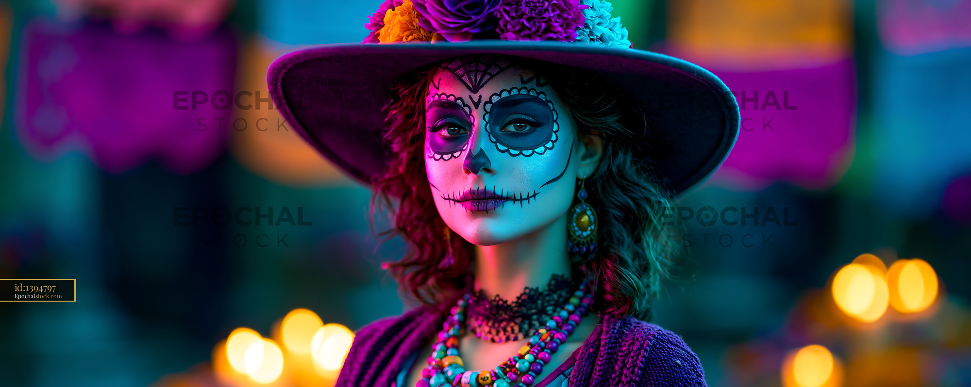 Watermarked full-resolution preview of Woman with face paint during a themed event at night