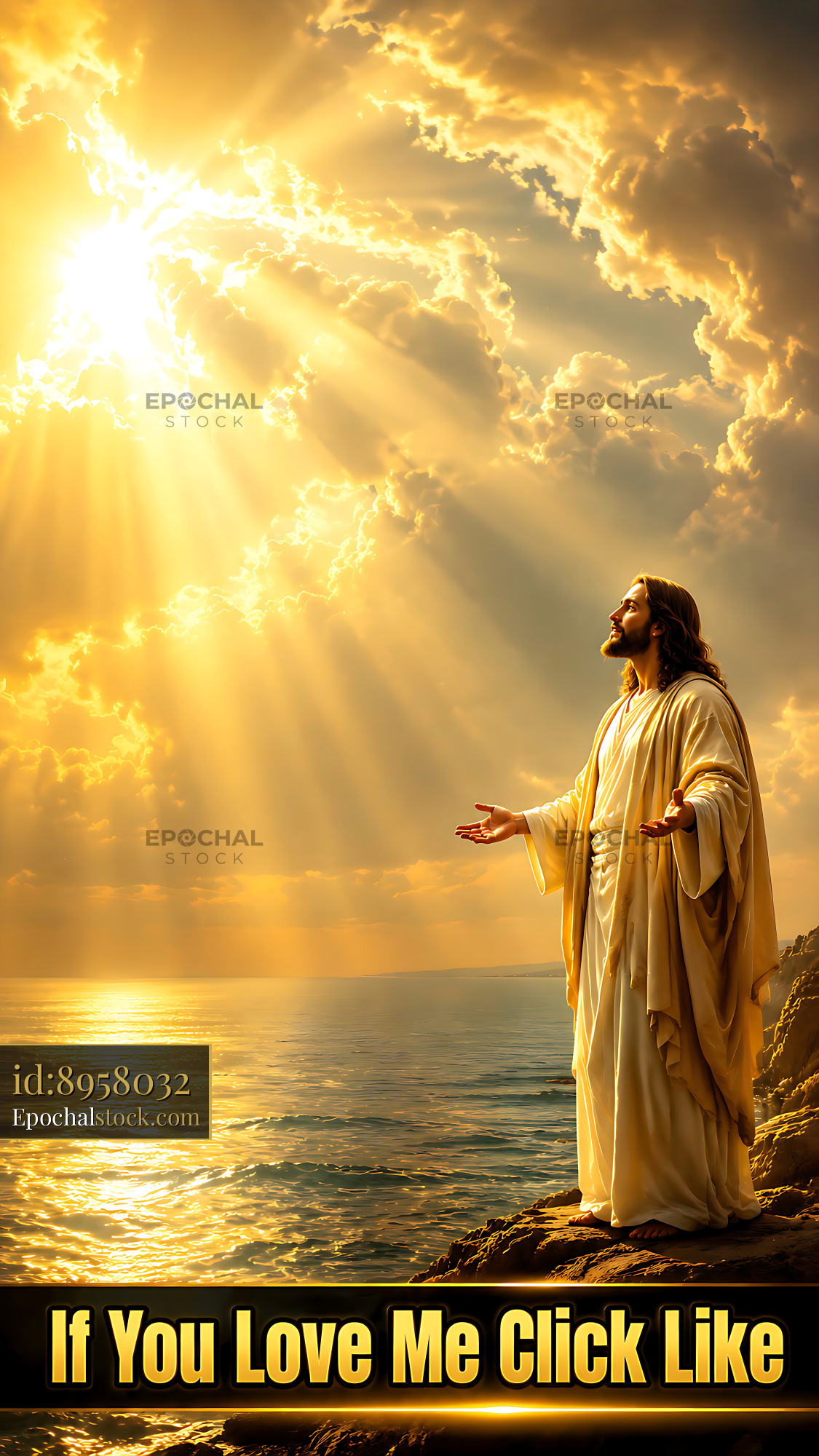 Watermarked full-resolution preview of Jesus with open arms by the sea under golden rays of sunlight