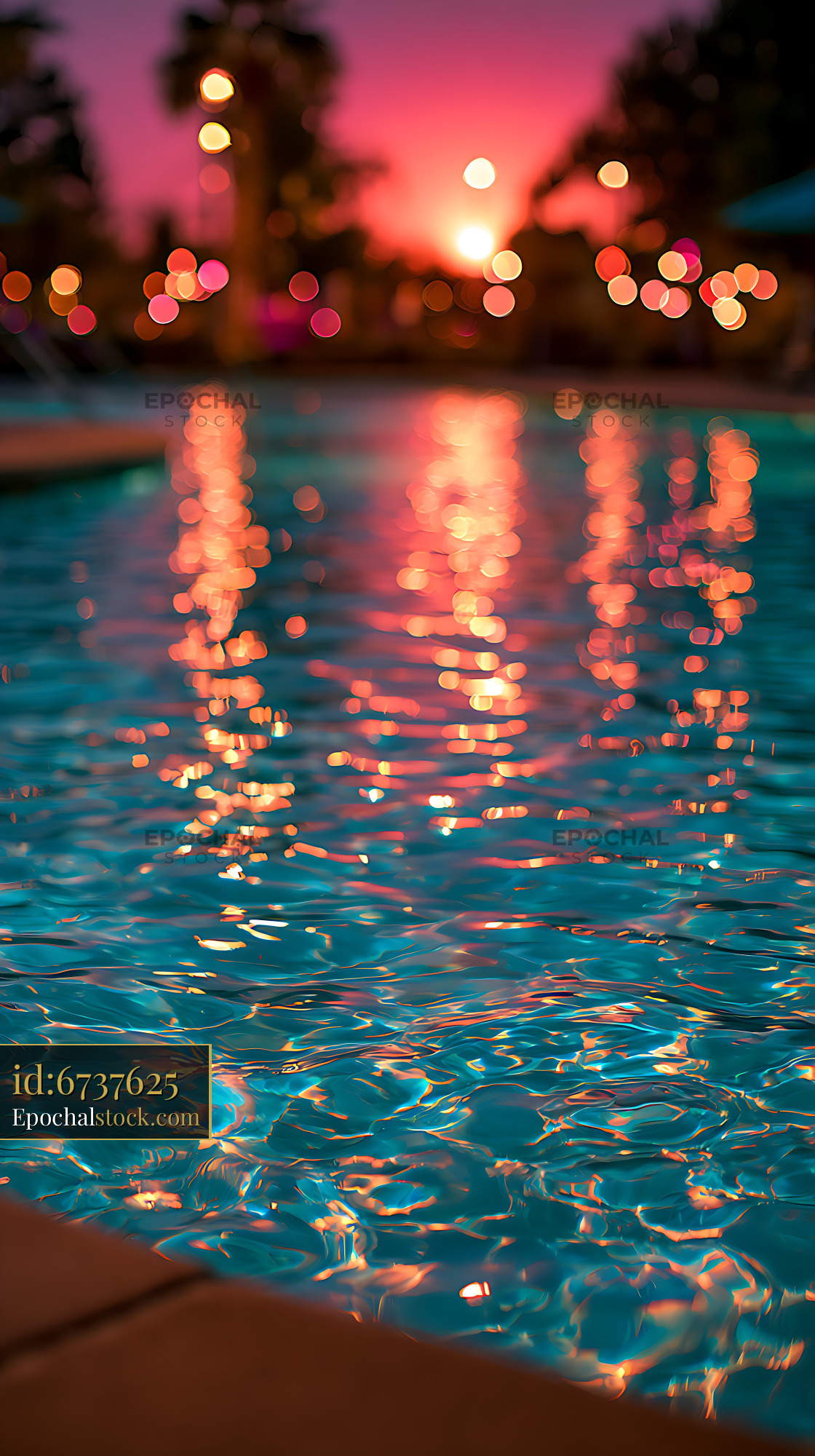Watermarked full-resolution preview of Colorful bokeh reflections on rippling water at sunset