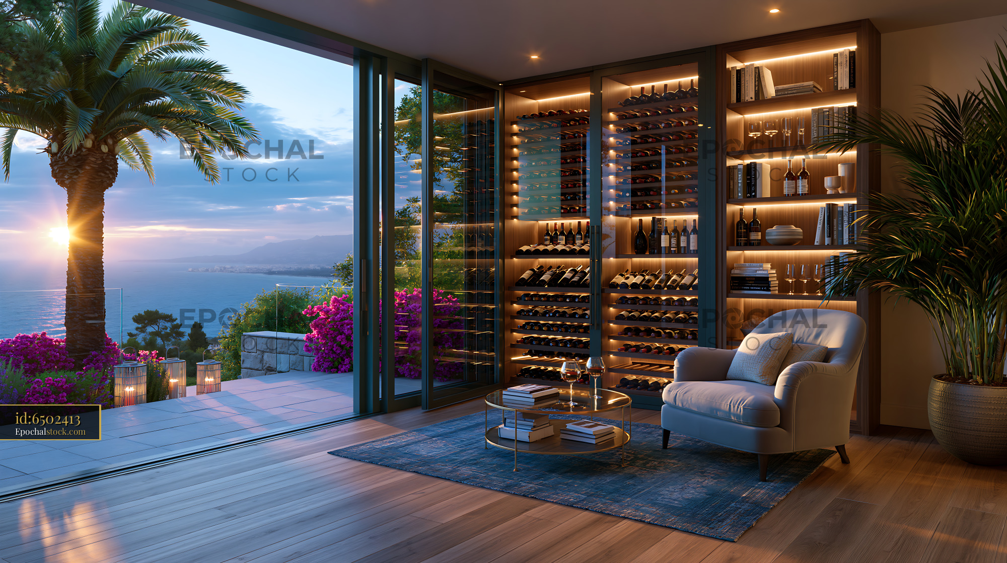 Watermarked full-resolution preview of Cozy interior with wine rack and view of the sunset