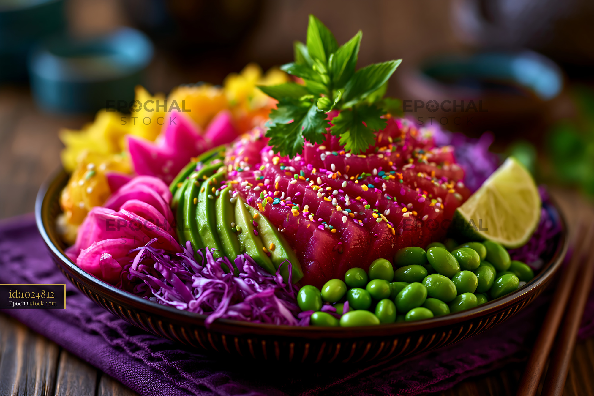 Watermarked full-resolution preview of Colorful salad bowl with fresh vegetables and toppings
