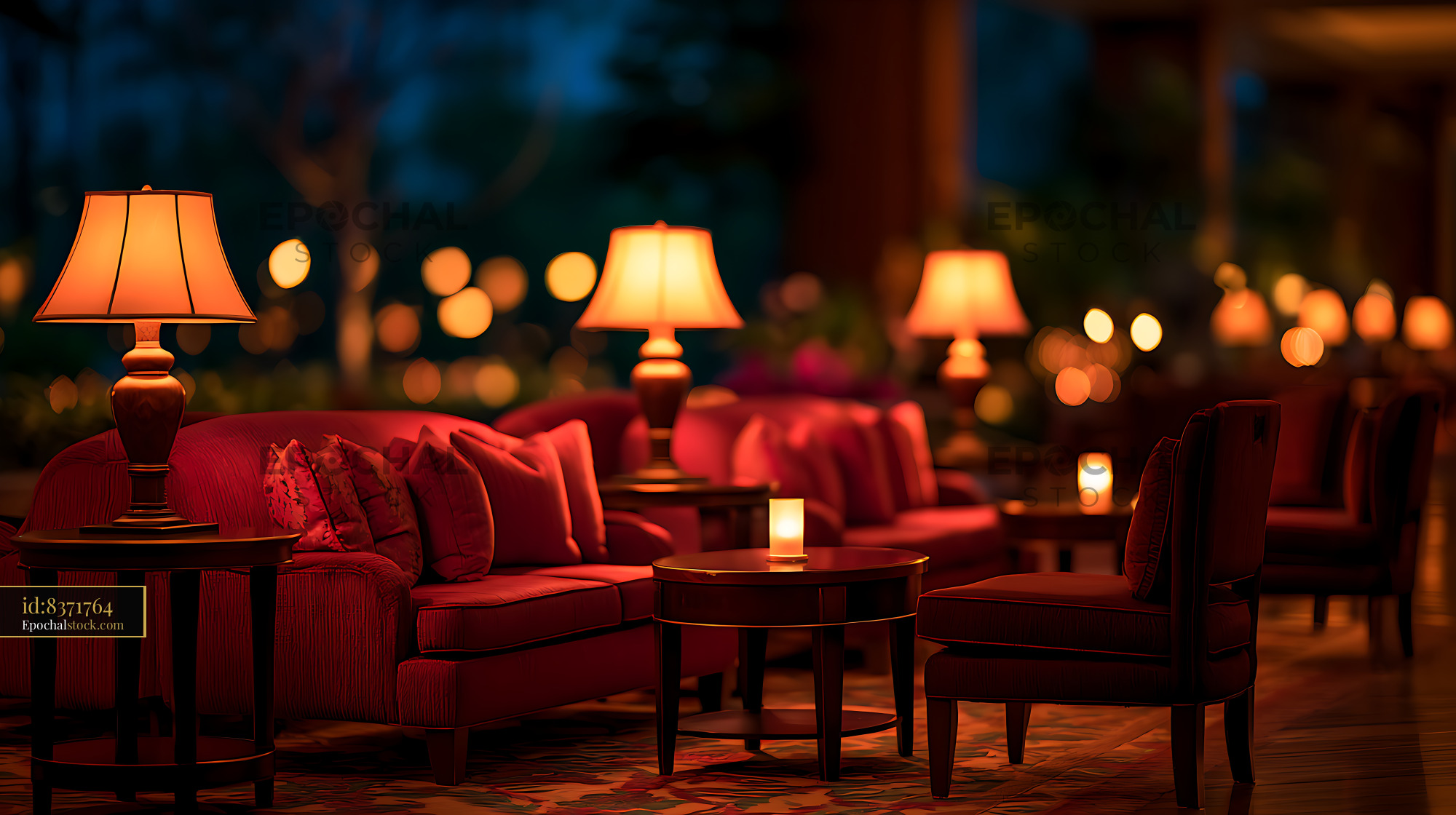Watermarked full-resolution preview of Cozy red lounge with glowing lamps and candlelit tables
