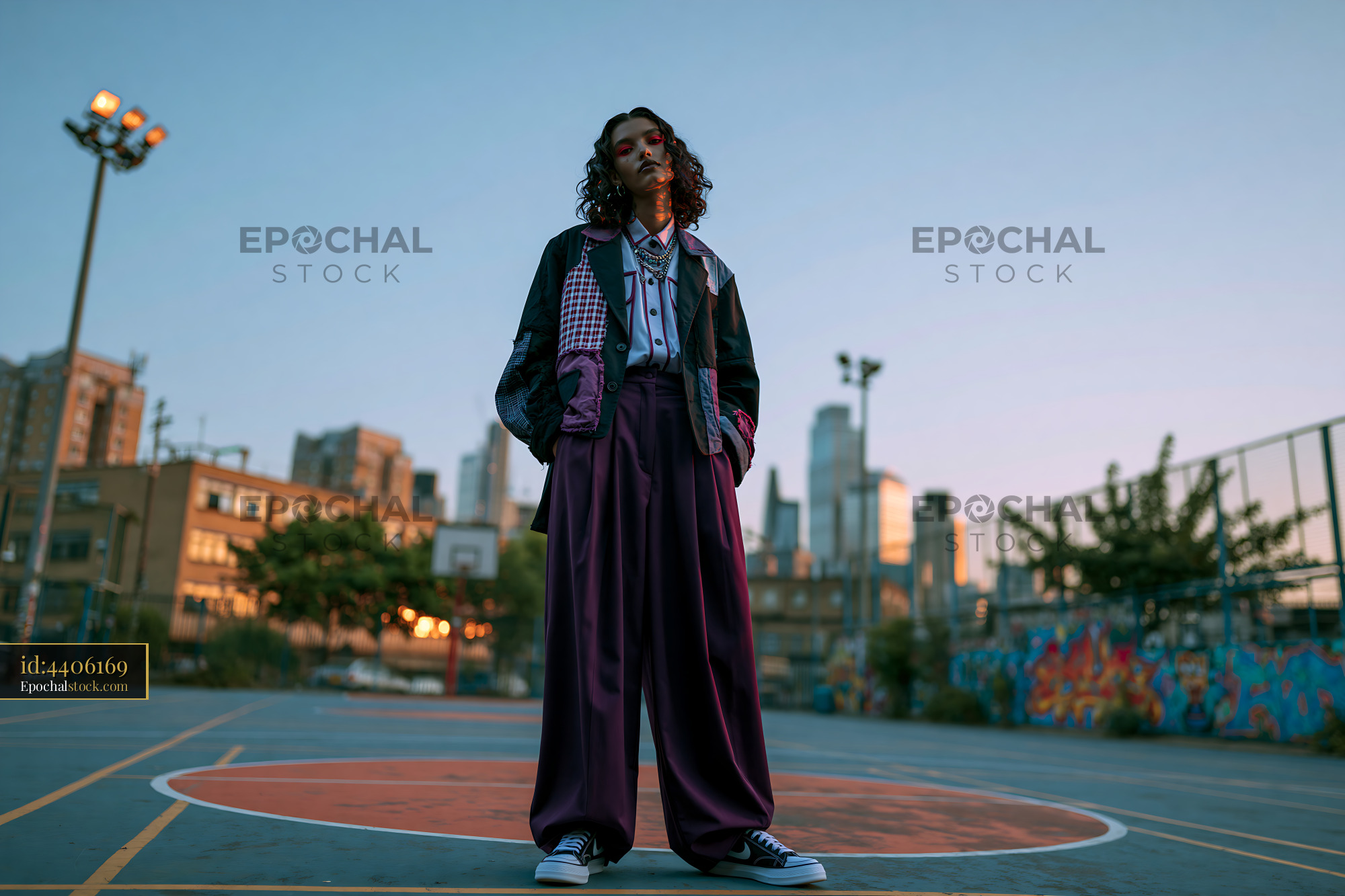 Watermarked full-resolution preview of Person standing on a basketball court in an urban area at sunset