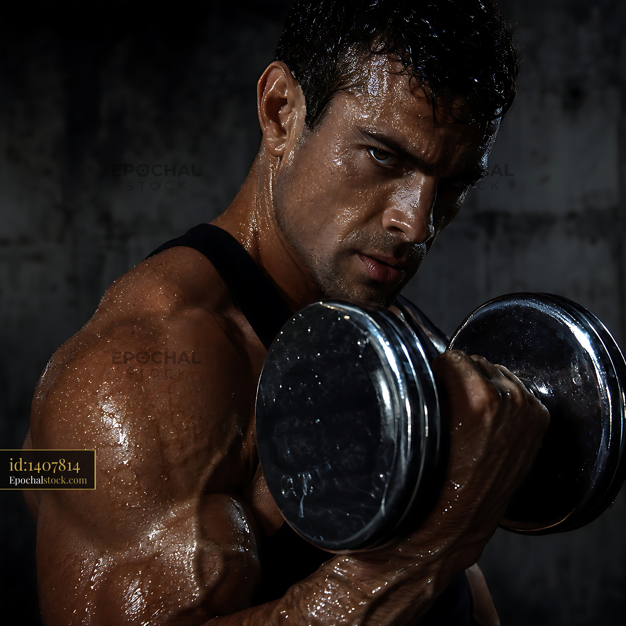 Man Lifting Dumbbell in Gym During Intense Workout Session - stock photo
