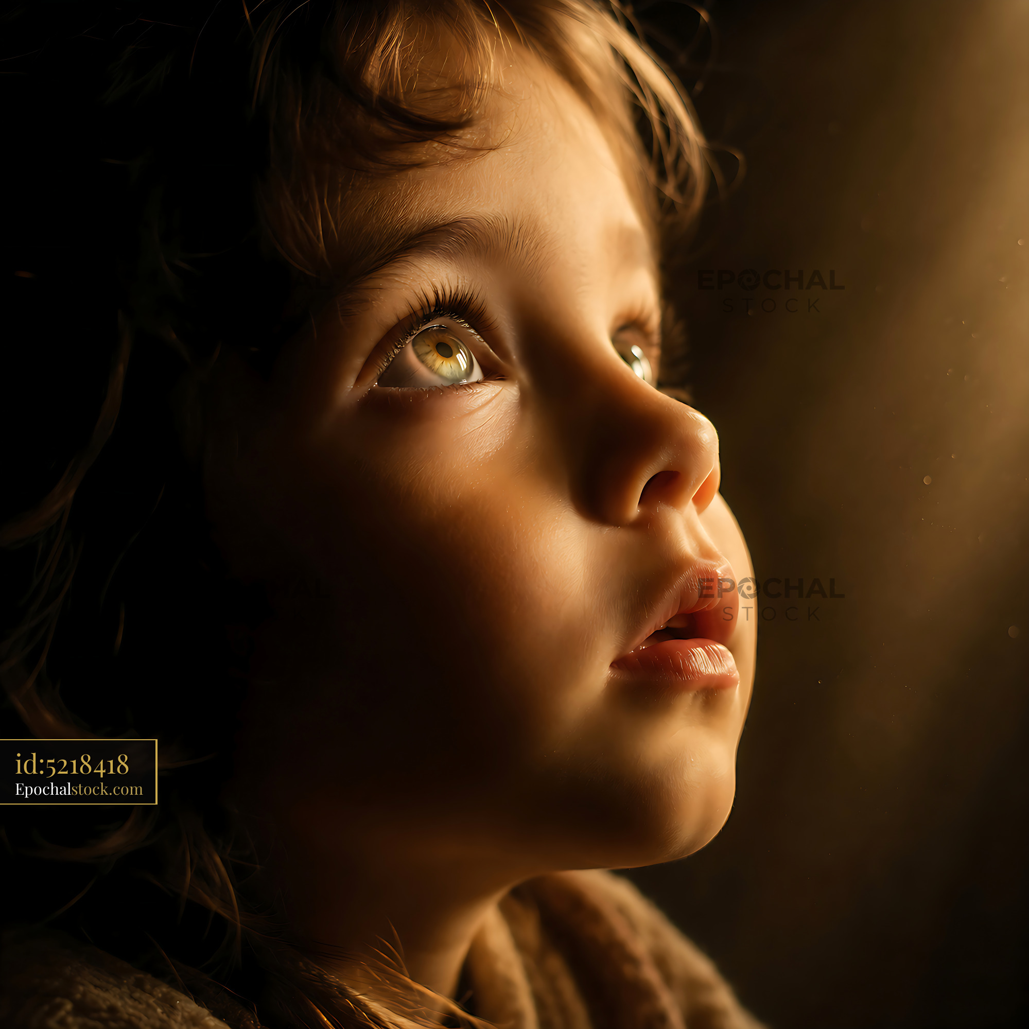 Watermarked full-resolution preview of Child looking upwards with light illuminating the face