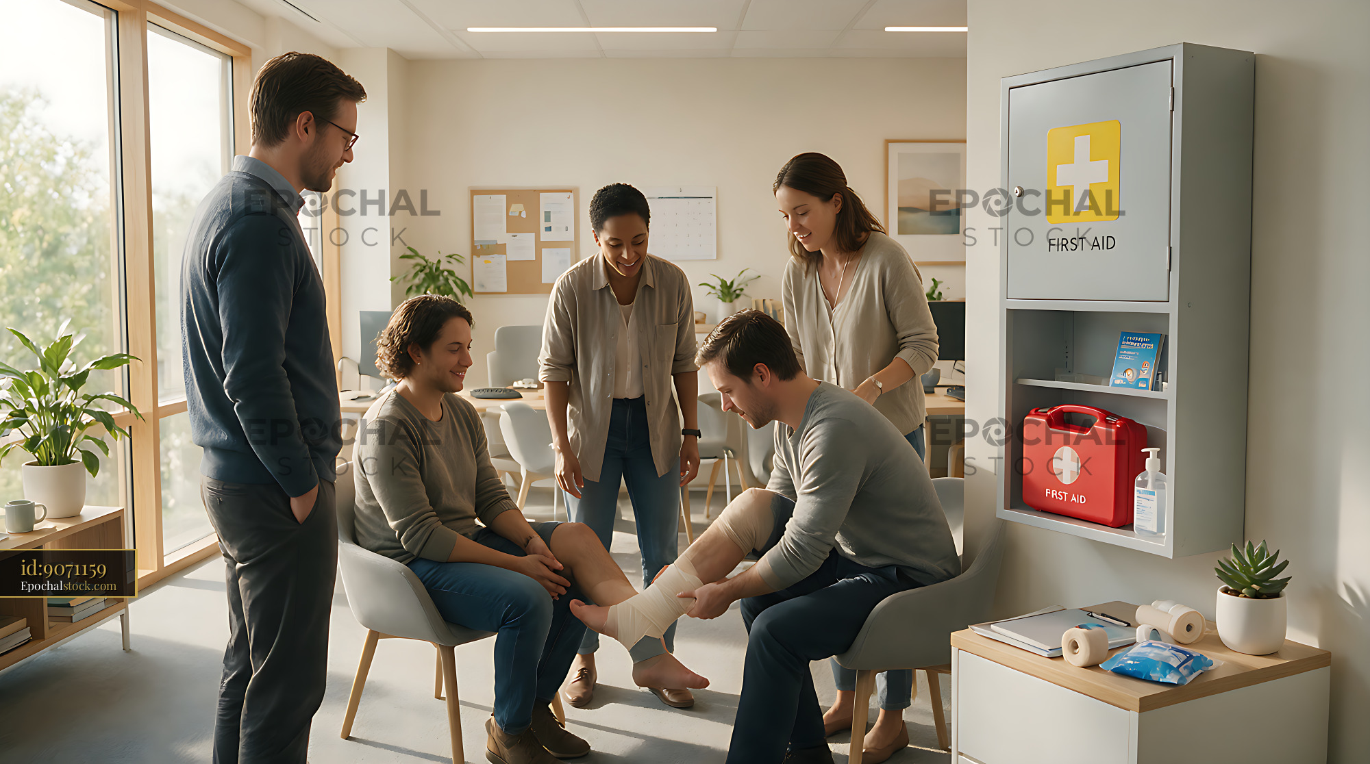 Watermarked full-resolution preview of Coworkers providing first aid in a bright office