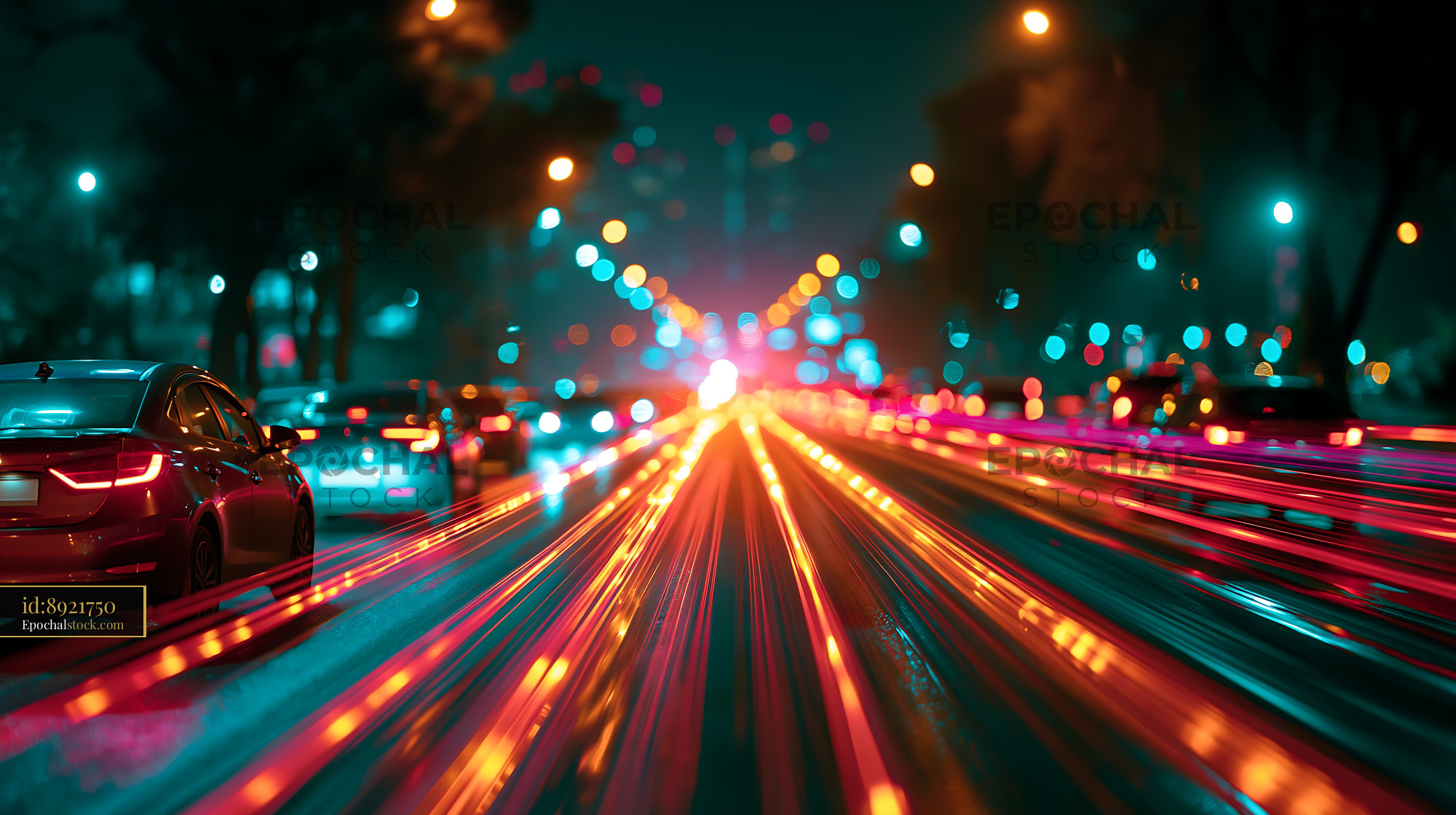 Watermarked full-resolution preview of Nighttime city street with light trails from moving cars