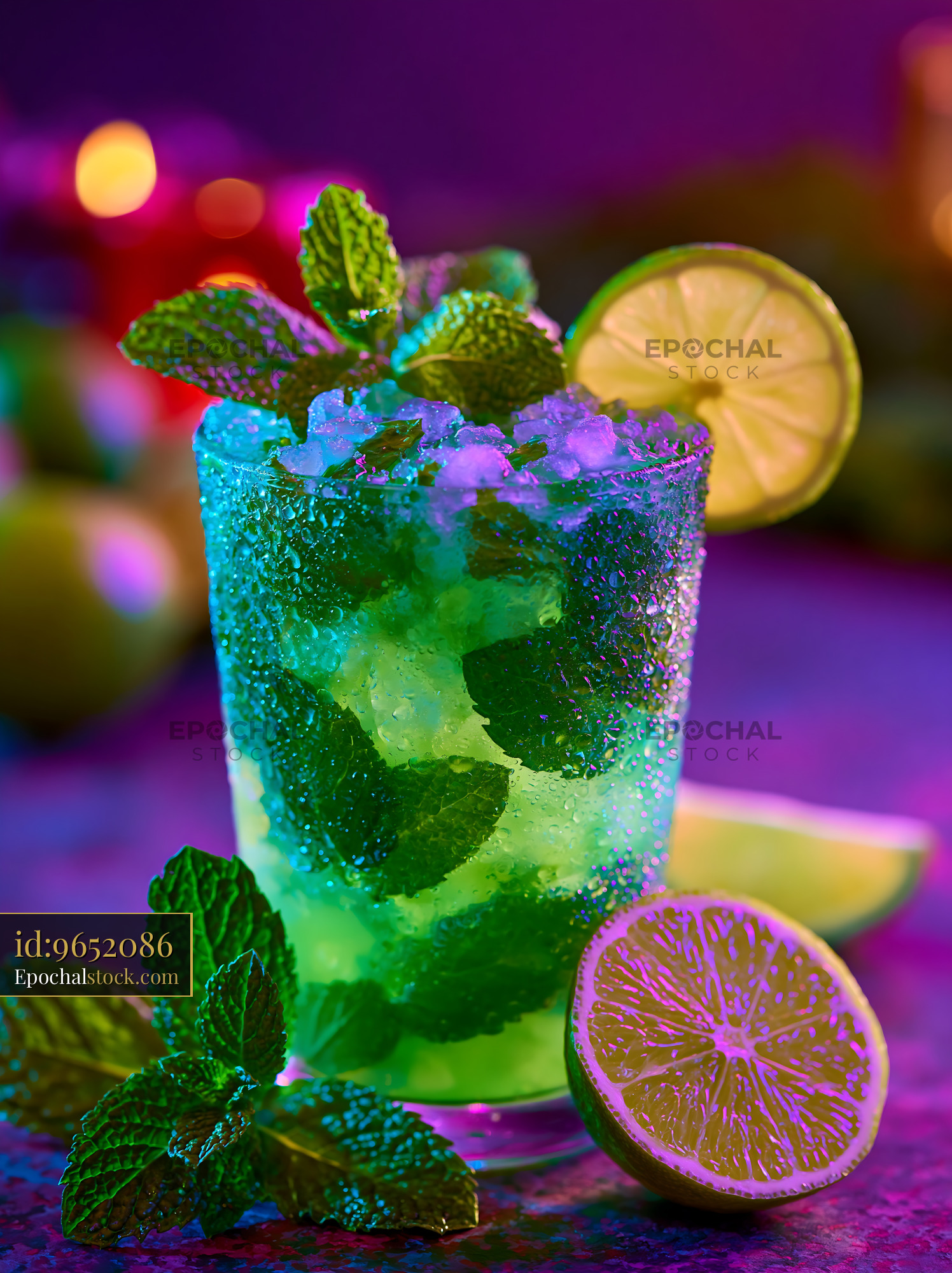 Watermarked full-resolution preview of Fresh mojito cocktail with mint and lime on a colorful background