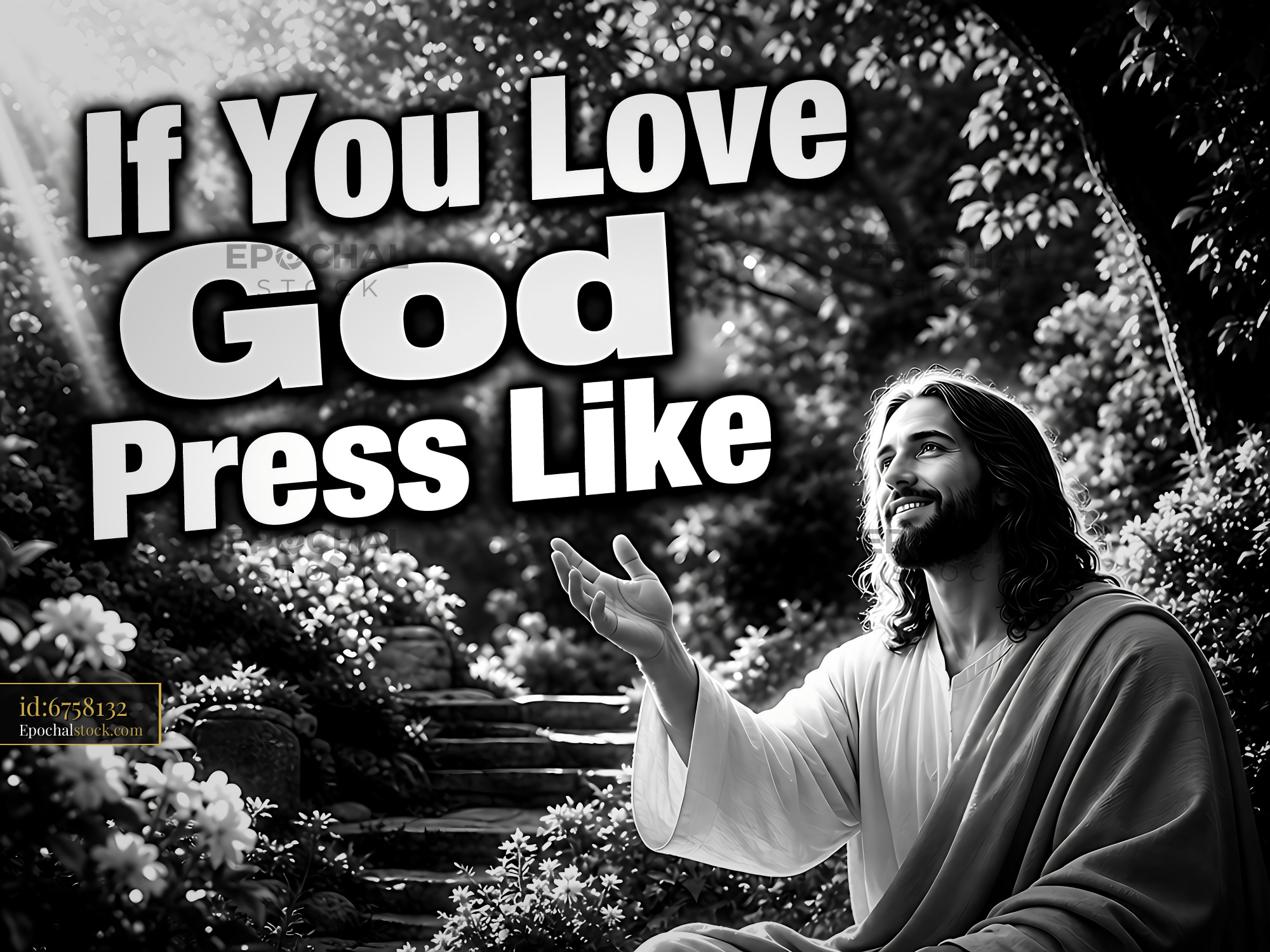 Watermarked full-resolution preview of Jesus with open hands in a garden setting