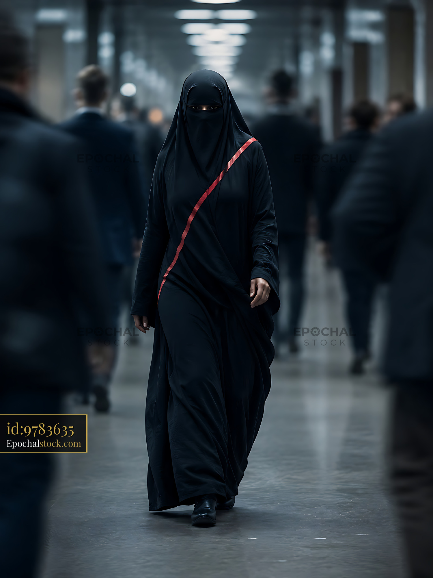 Woman in Black Attire Walks Through a Busy Urban Corridor - stock photo