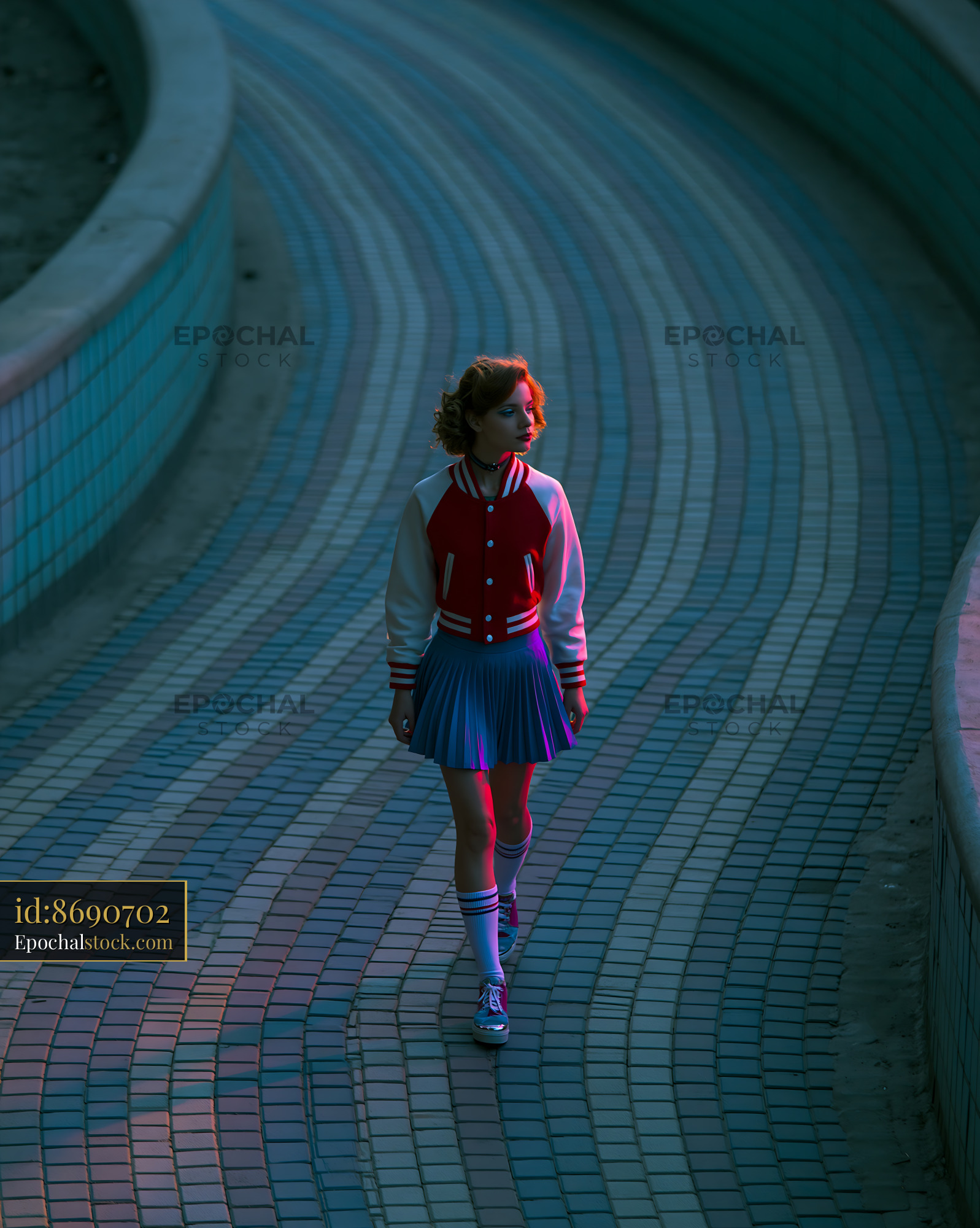 Watermarked full-resolution preview of Woman in varsity jacket walking on tiled walkway