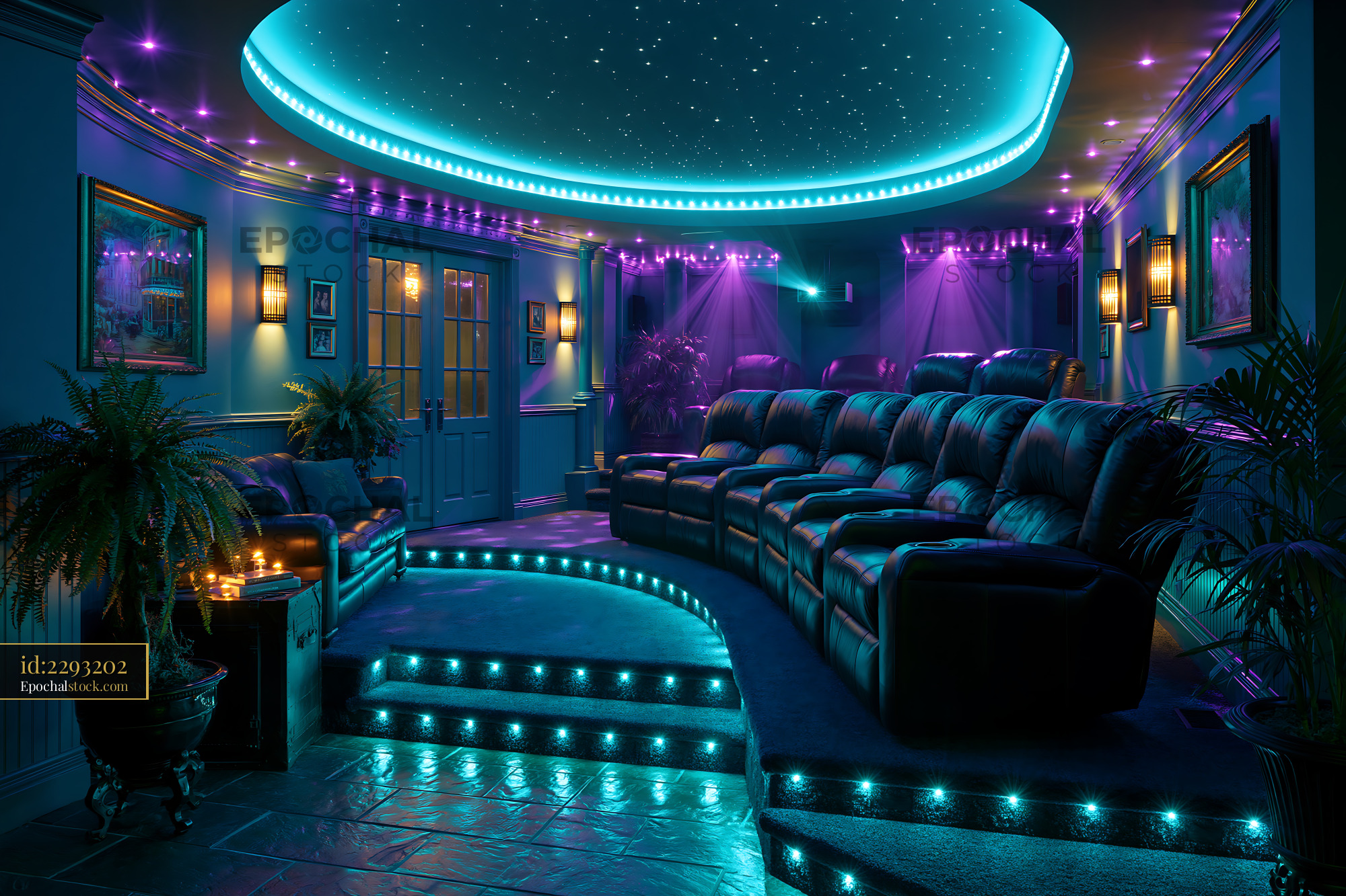Watermarked full-resolution preview of Home theater room with blue ambient lighting and comfortable seating