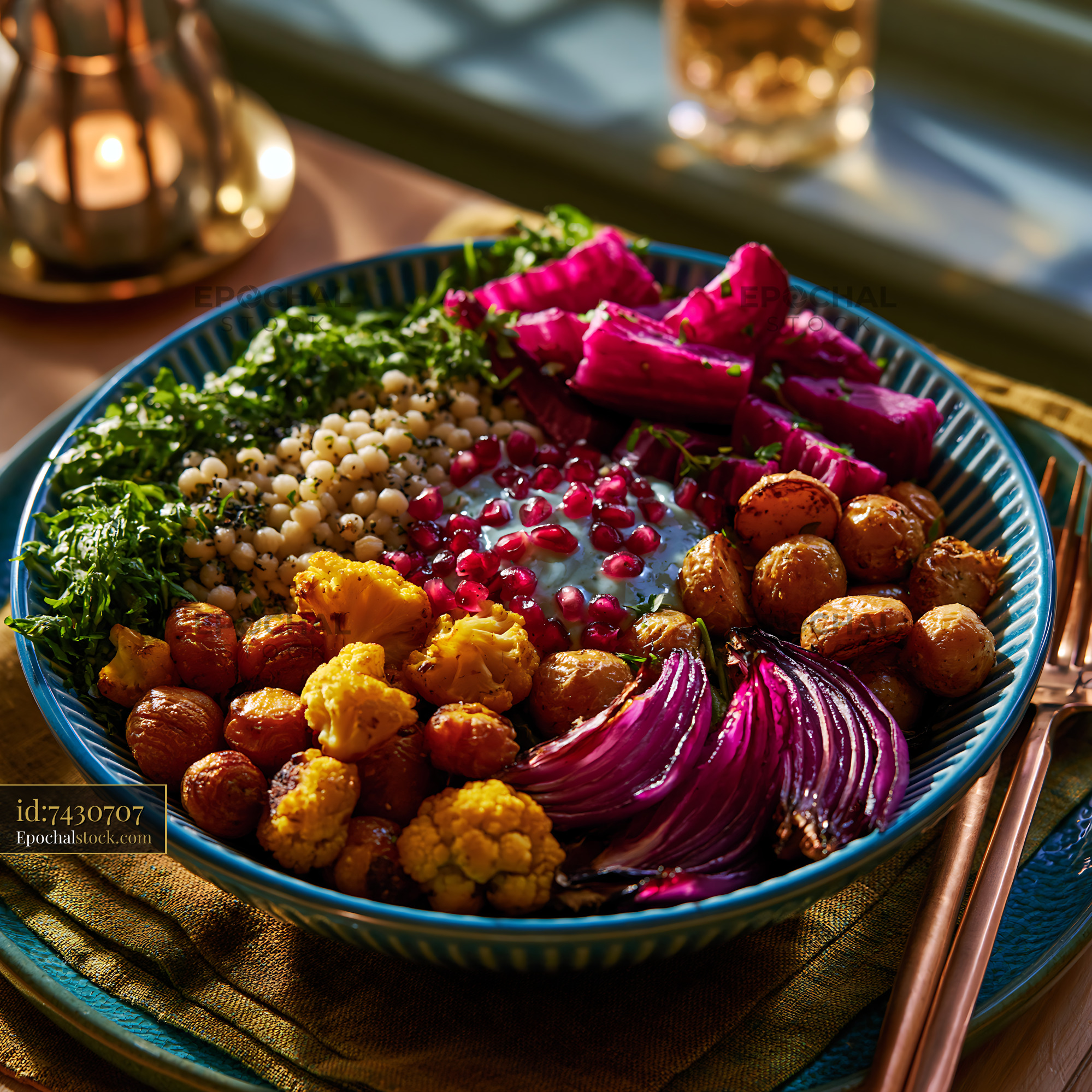 Watermarked full-resolution preview of Colorful bowl of healthy food with various vegetables and grains