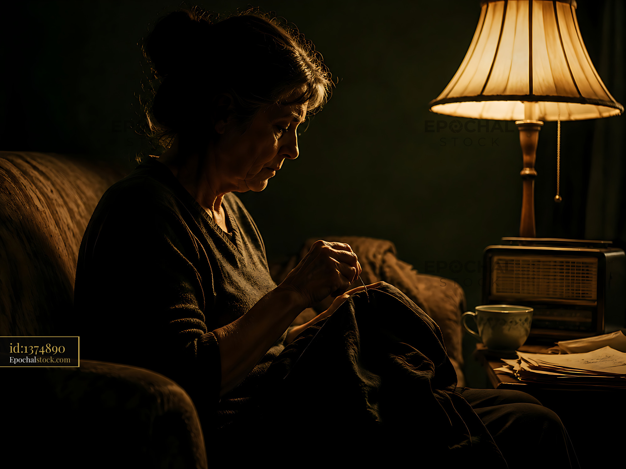 Woman Sewing by Lamp Light in a Cozy Living Room Setting - stock photo