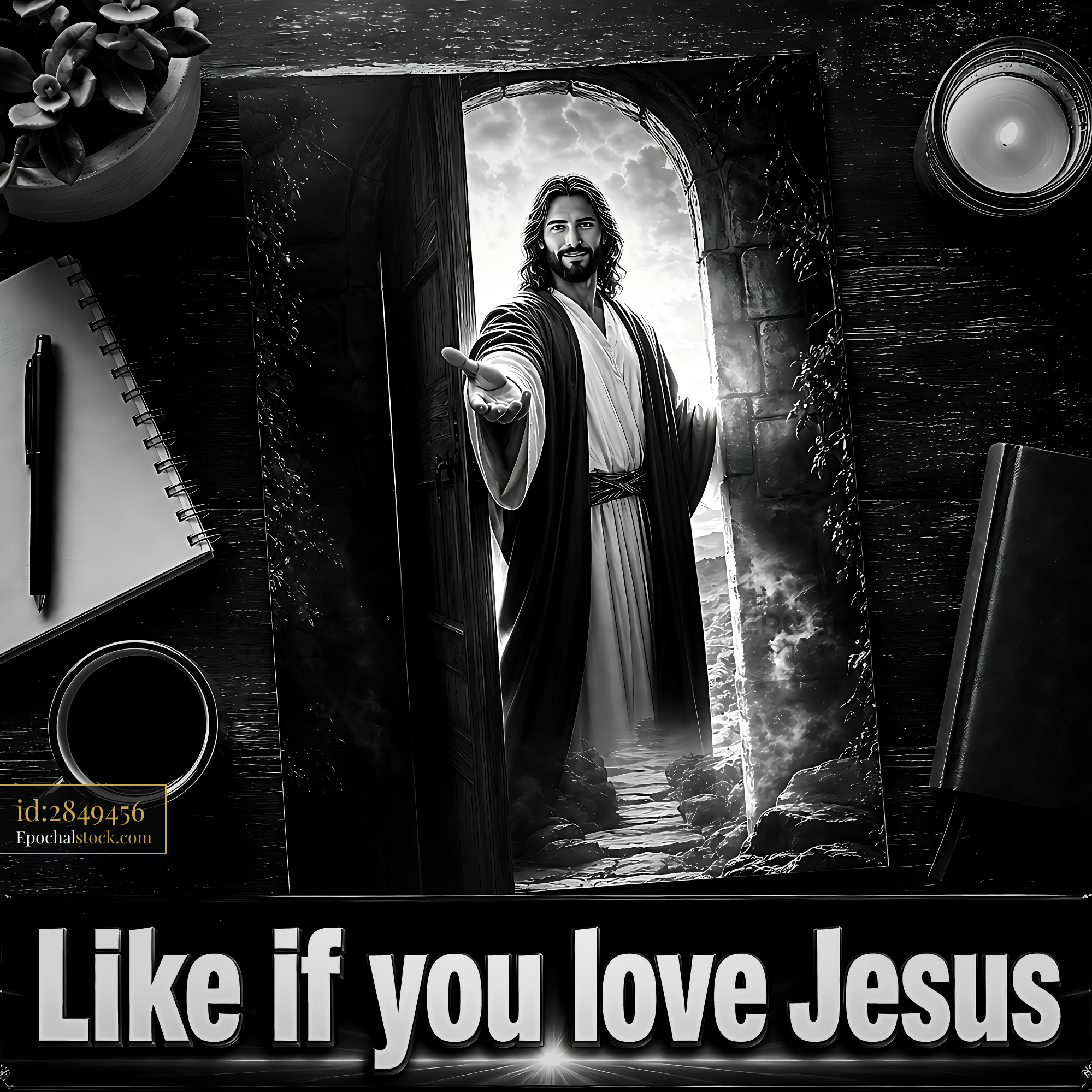 Jesus Stands at the Door Offering Hope With Open Hands - stock photo