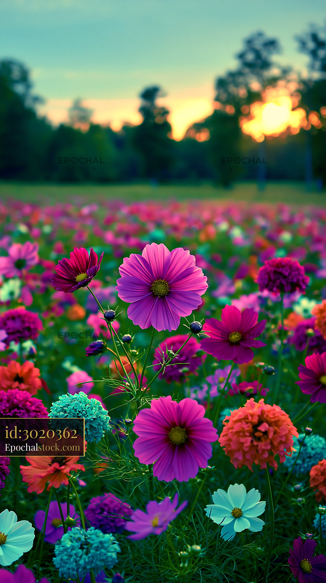 Watermarked full-resolution preview of Colorful flower field at sunset