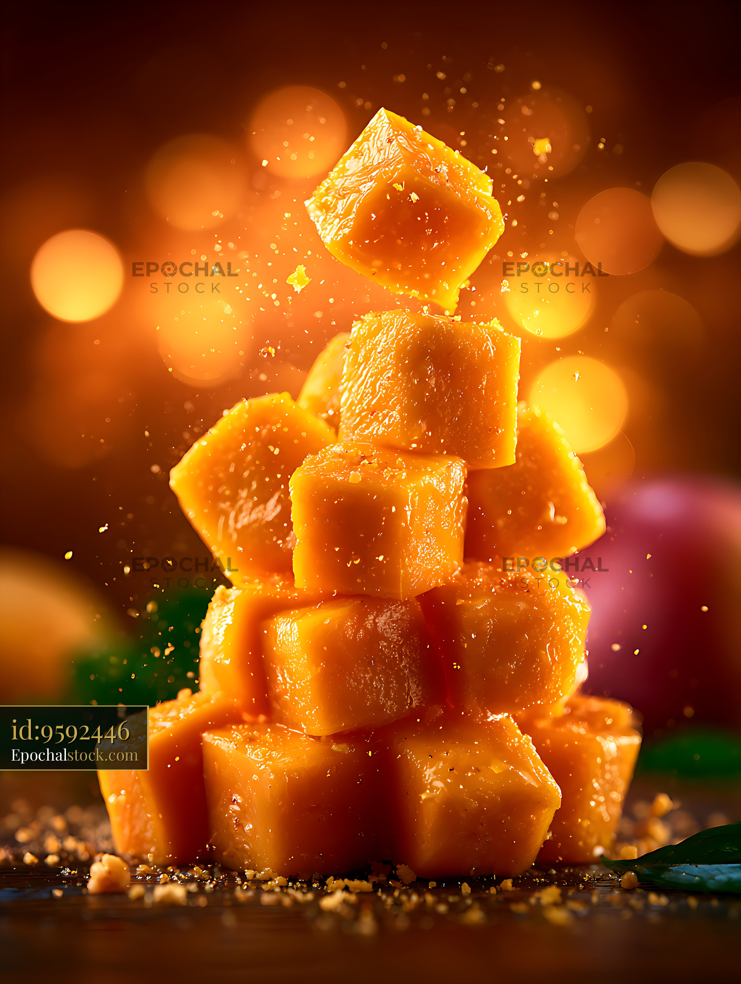 Watermarked full-resolution preview of Glossy orange fruit cubes in a warm still life