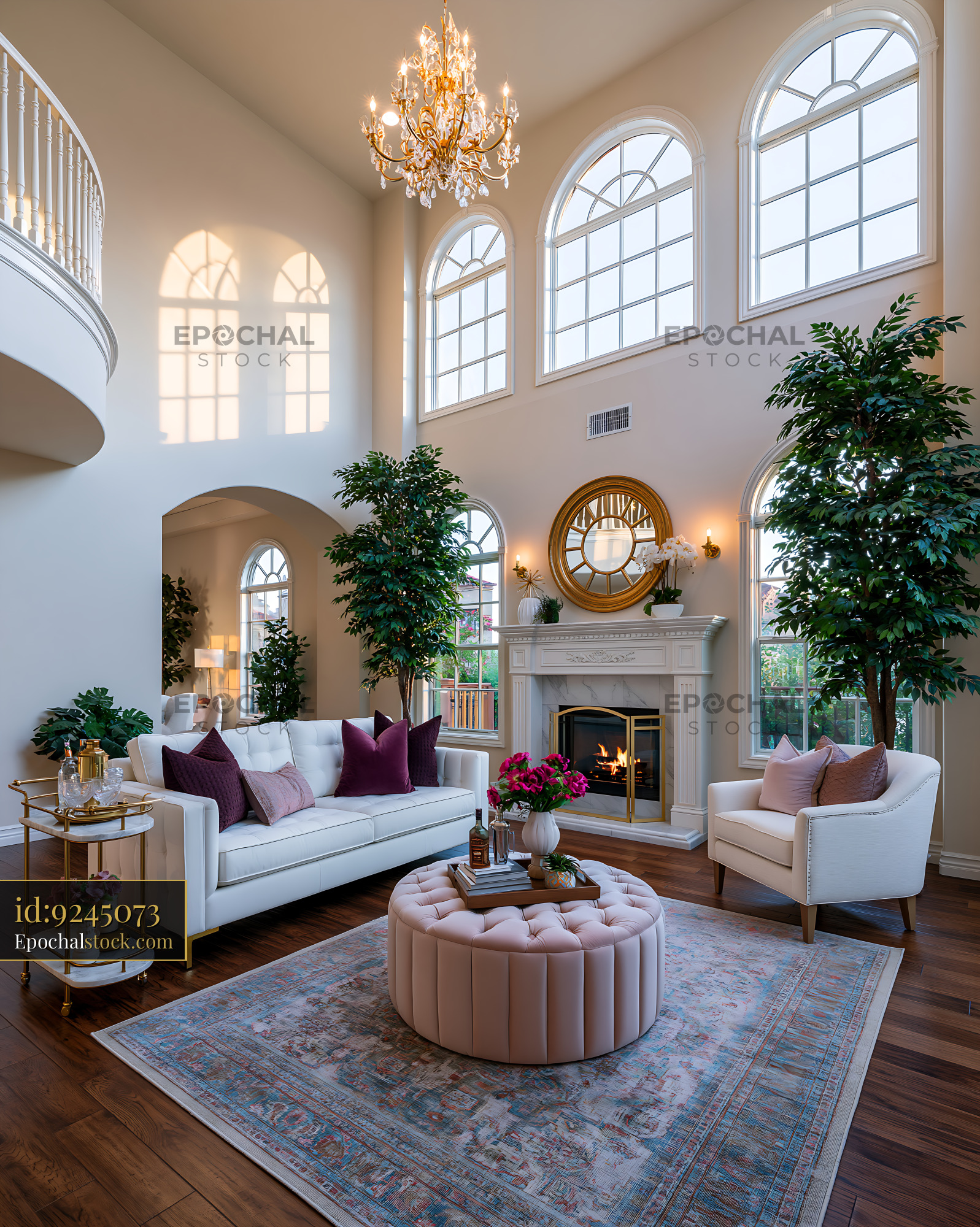 Watermarked full-resolution preview of Modern living room with tall windows and elegant decor