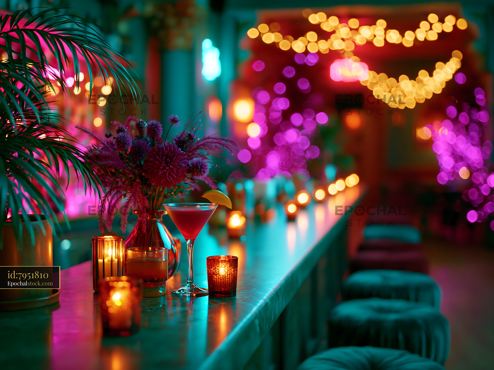 Watermarked full-resolution preview of Colorful bar scene with drinks and decorative lights