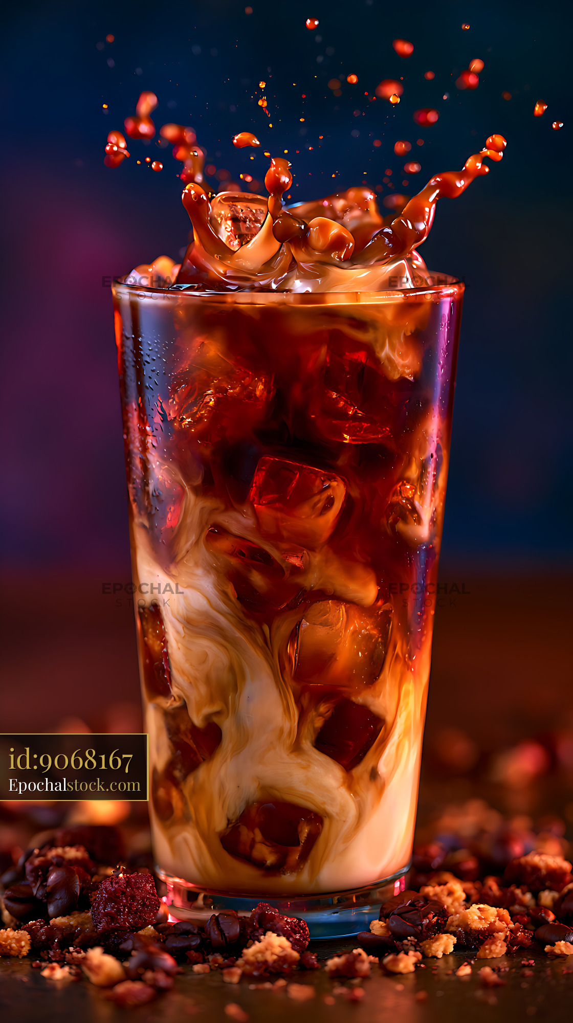 Watermarked full-resolution preview of Dark iced beverage with cream swirl and splash